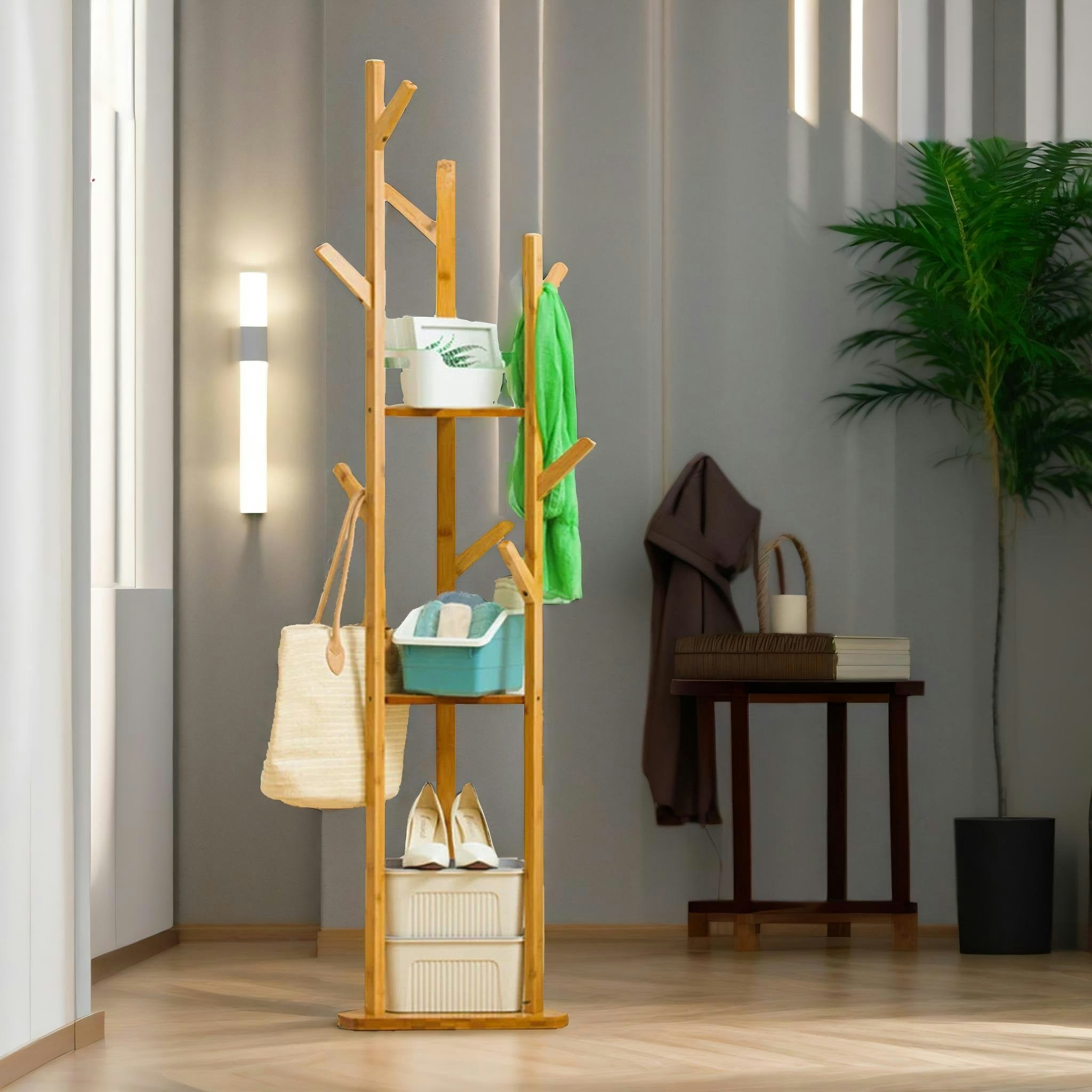 Rackhams Wooden Coat Stand With 9 Hooks & 2 Shelves
