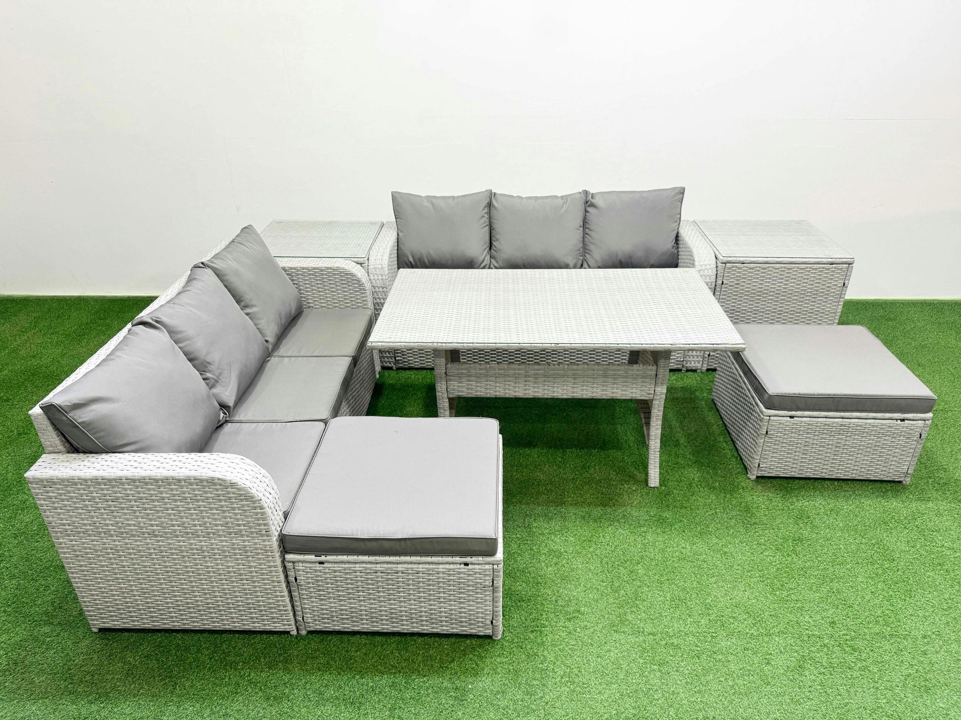 Rackhams Light/Grey 8 Seater Wicker Rattan Garden Furniture Patio Set, Dining Table, High Back Lounge Sofa, 2 Big Footstool, 2 Side Table,