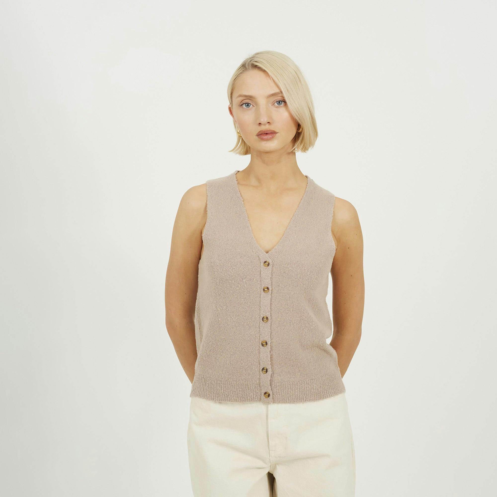 Brave Soul Mossy Yarn V-Neck Knitted Waistcoat - Taupe - Taupe - S