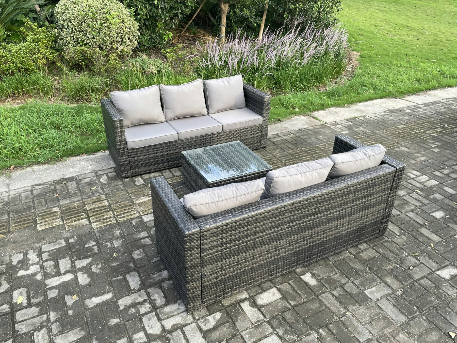Rackhams Dark/Grey Wicker Rattan Garden Furniture Sofa Set With Square Coffee Table 6 Seater Outdoor Rattan Set Mixed