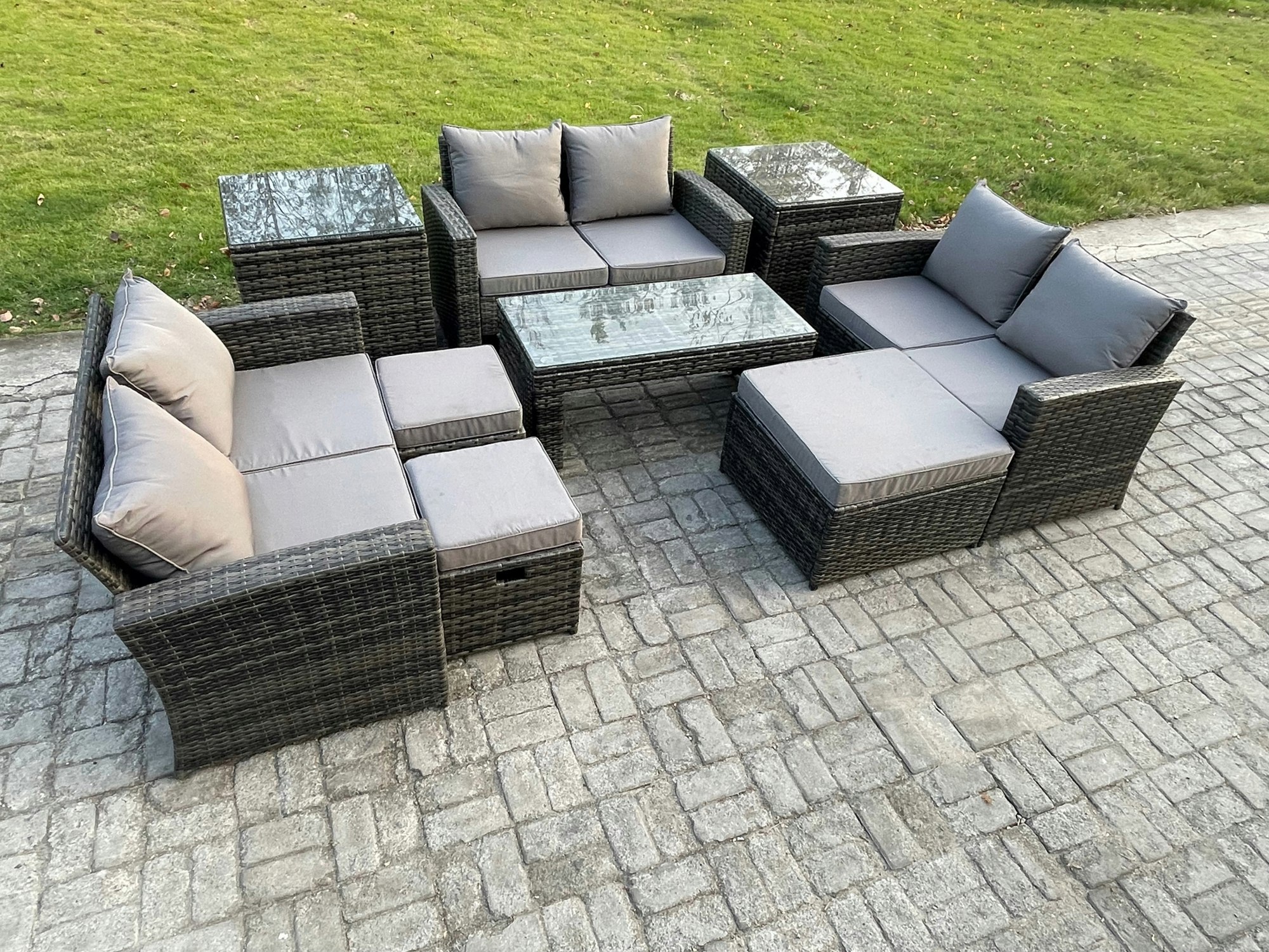 Rackhams Dark/Grey Outdoor U Shape Sofa Set Wicker Pe Rattan Garden Furniture Set With Coffee Table Double Seat Sofa 3 Footstools 2 Side Tables Mixed