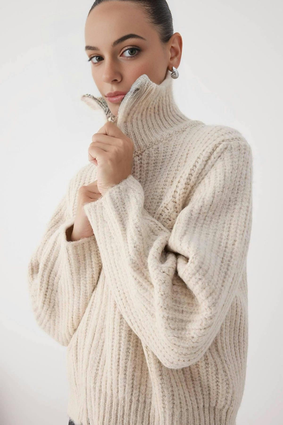 Wovcor Soft-Textured Oversize Knit Cardigan With Zipper Detail - Stone - Xs