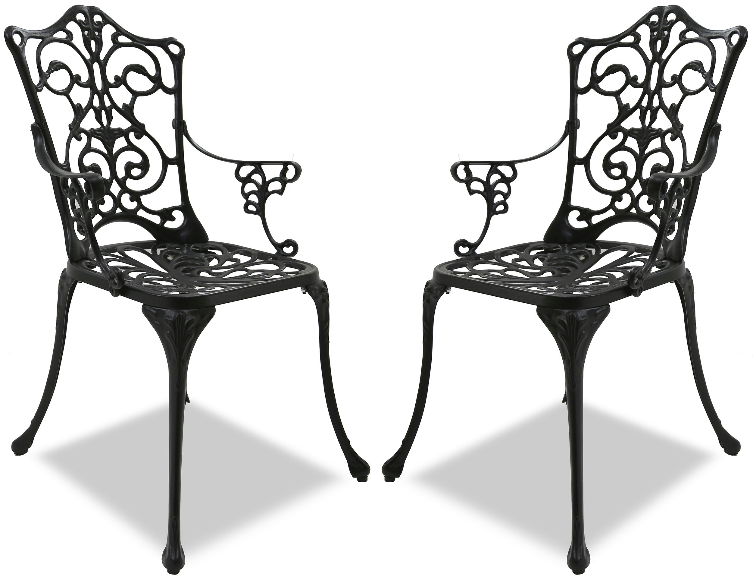 Rackhams Black Tabreez 2-Large Garden And Patio Bistro Chairs With Armrests In Cast Aluminium