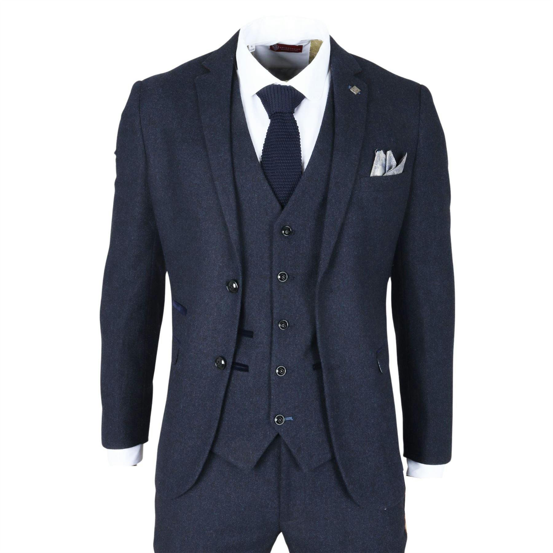 Infinity Leather Men's Blue Navy Wool Blend Tweed Formal Suit - Navy - 52" Jacket 46" Trousers