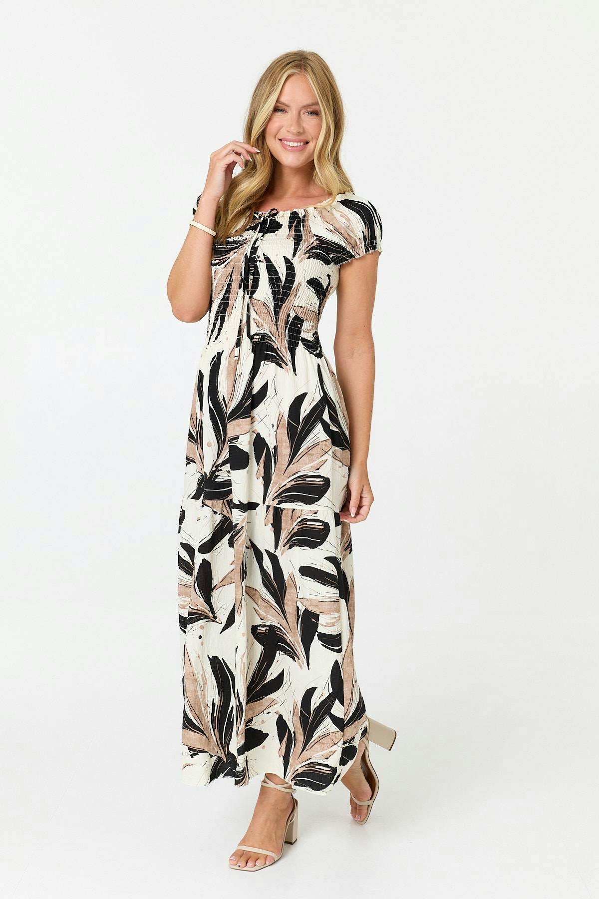 Izabel London Women's Black Printed Short Sleeve Bardot Maxi Dress - S