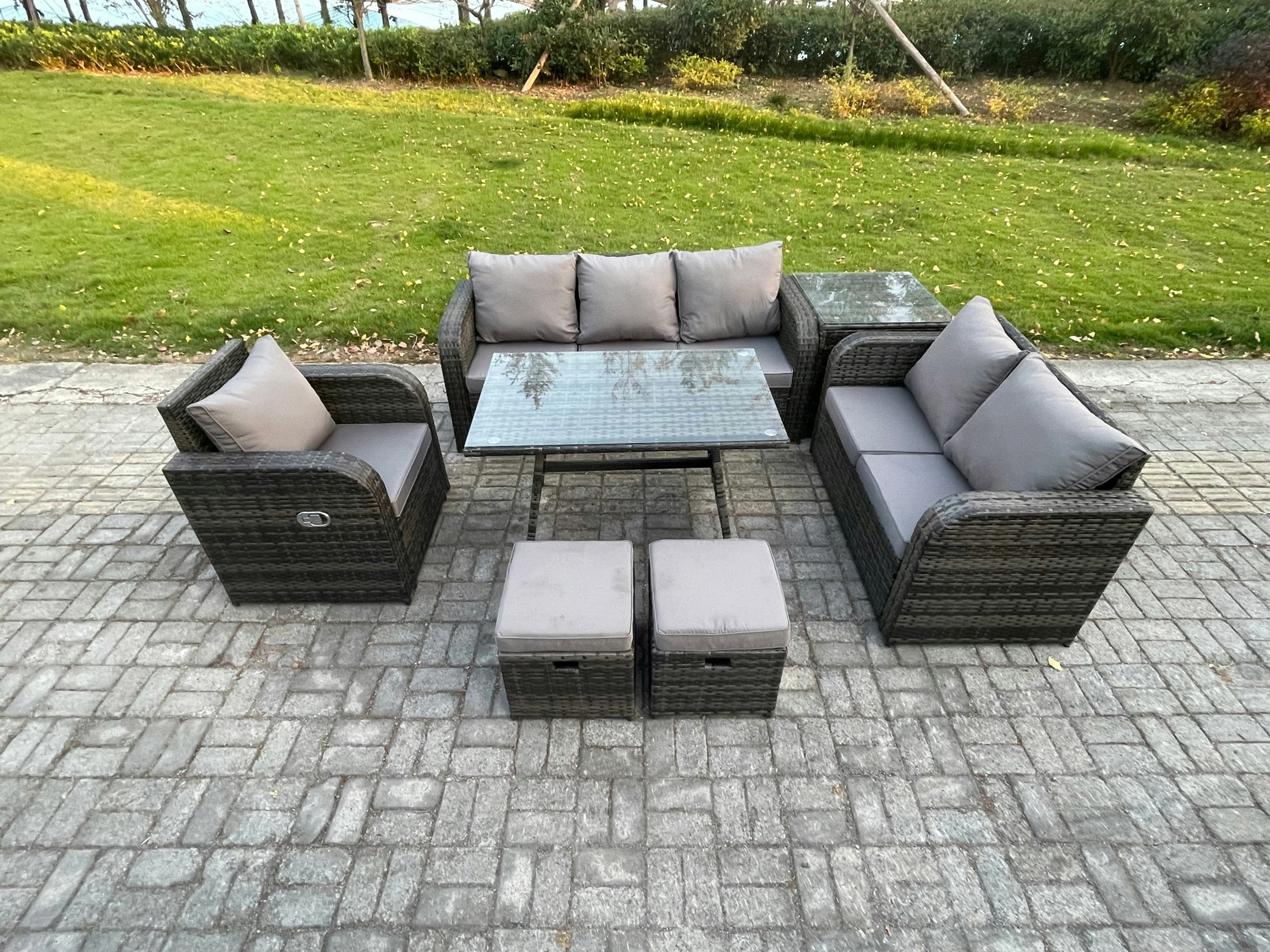 Rackhams Dark/Grey 8 Seater Outdoor Rattan Garden Furniture Set Patio Lounge Sofa Set With Dining Table Side Table 2 Small Footstools Mixed