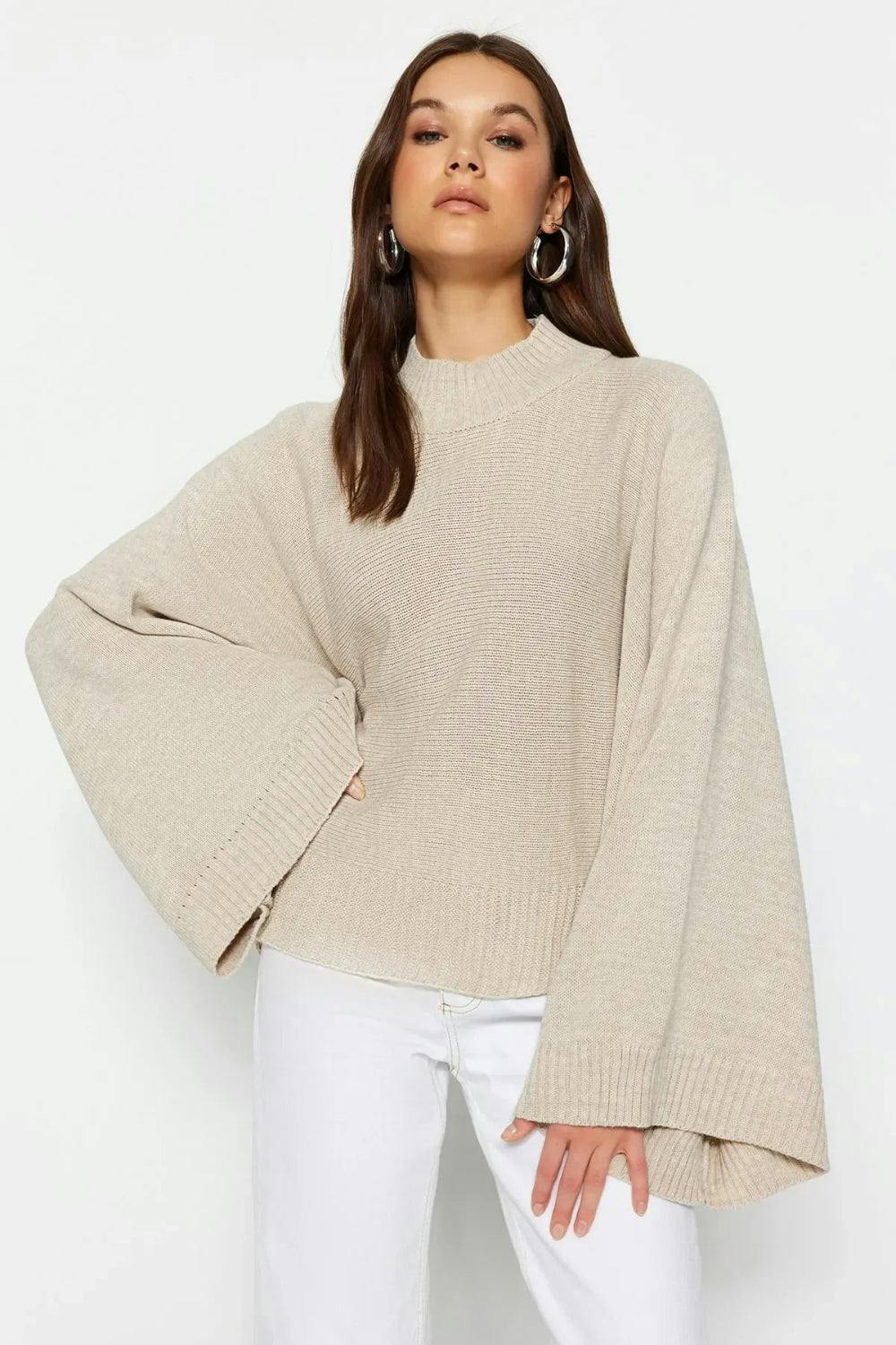 Hoxton Gal Oversized Flared Sleeve Knit Sweater - Stone - S