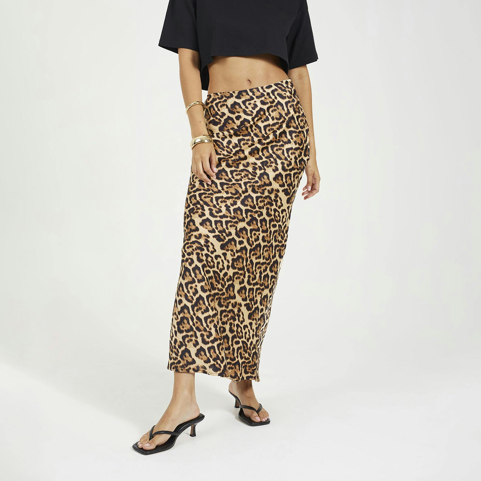 Brave Soul Brown Leopard Print Satin Midi Skirt - M