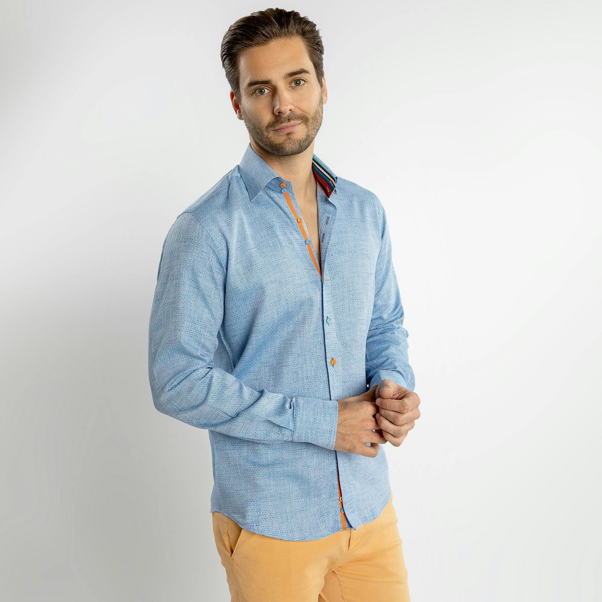 Claudio Lugli Classic Brush Cotton Shirt With Multicoloured Stripe Insert - Sky - Xl