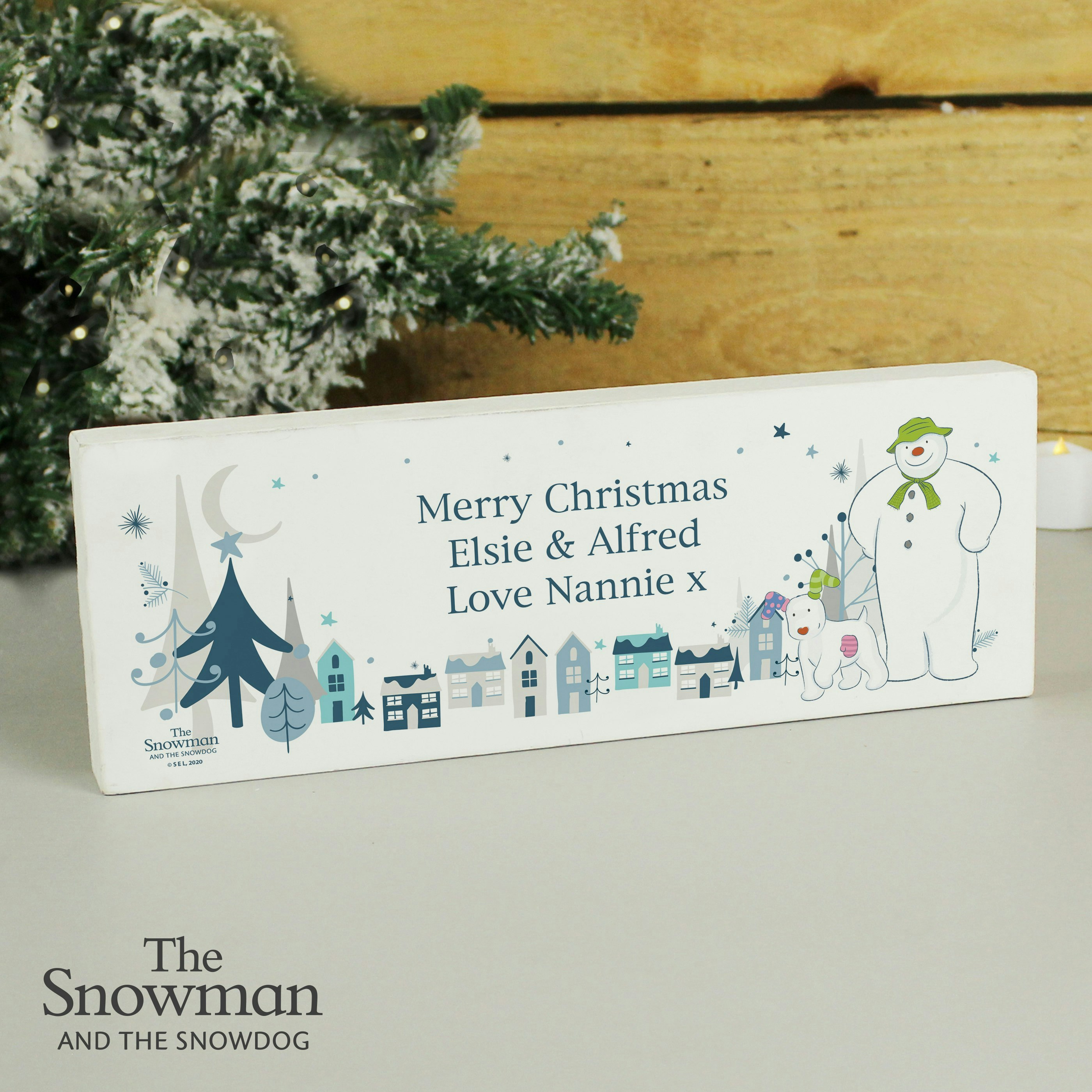 Rackhams Personalised The Snowman And The Snowdog Wooden Mantel Decoration