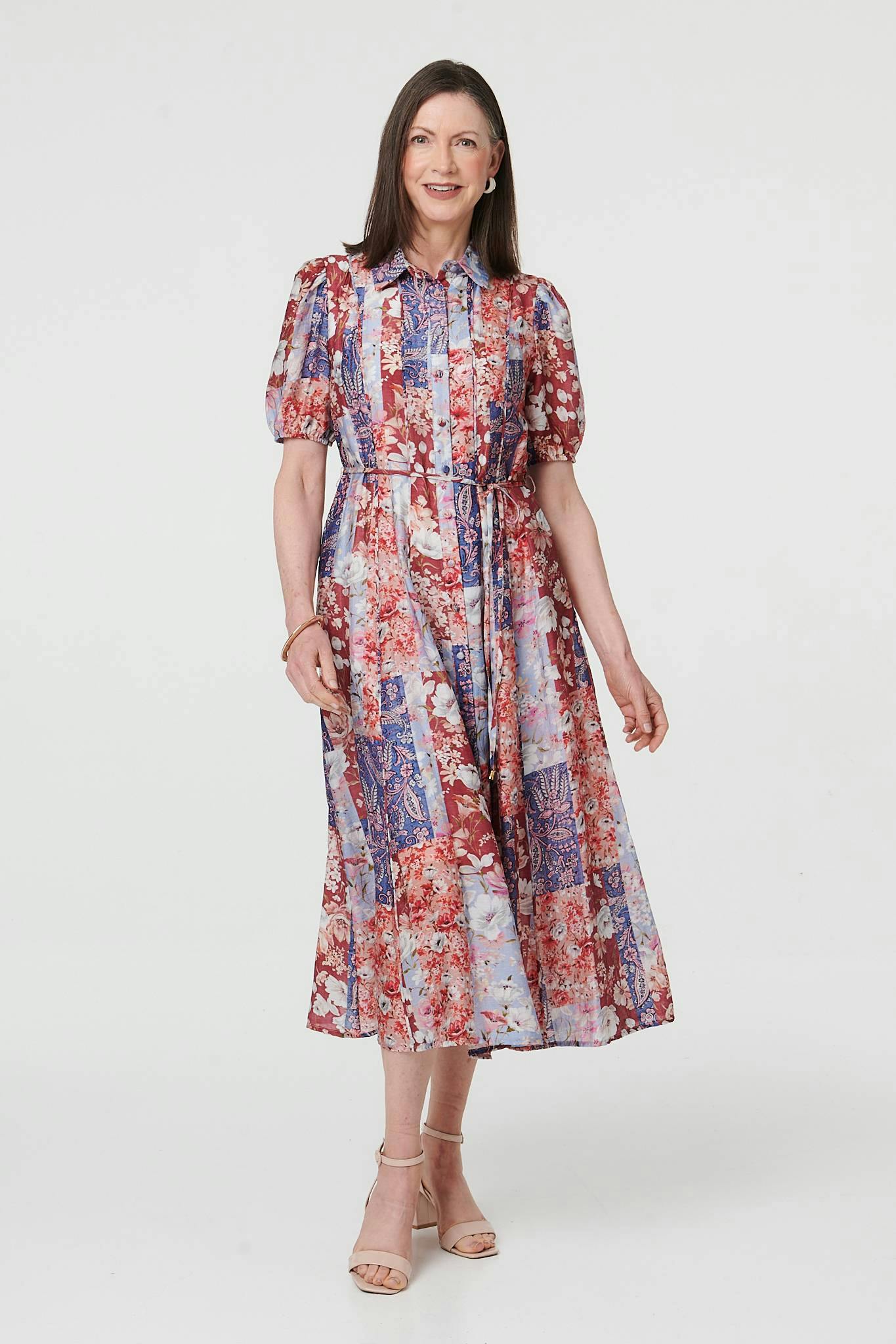 Izabel London Red Patchwork 1/2 Puff Sleeve Midi Dress - 10