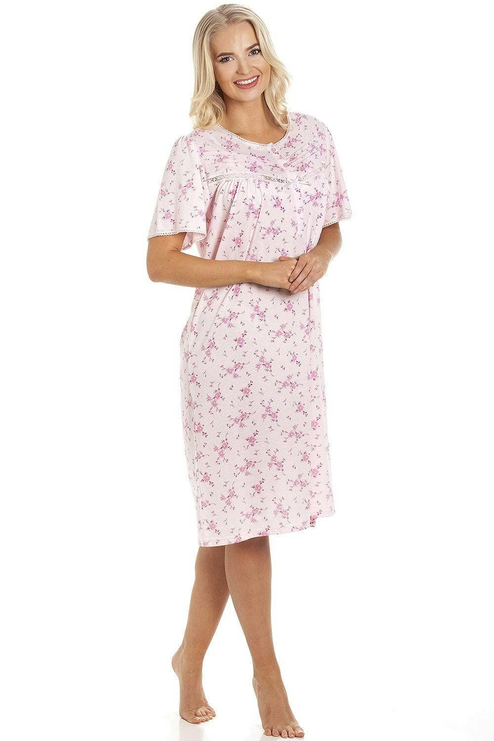 Camille Women's Pink Polycotton Short Sleeve Floral Nightdresses - 22-24