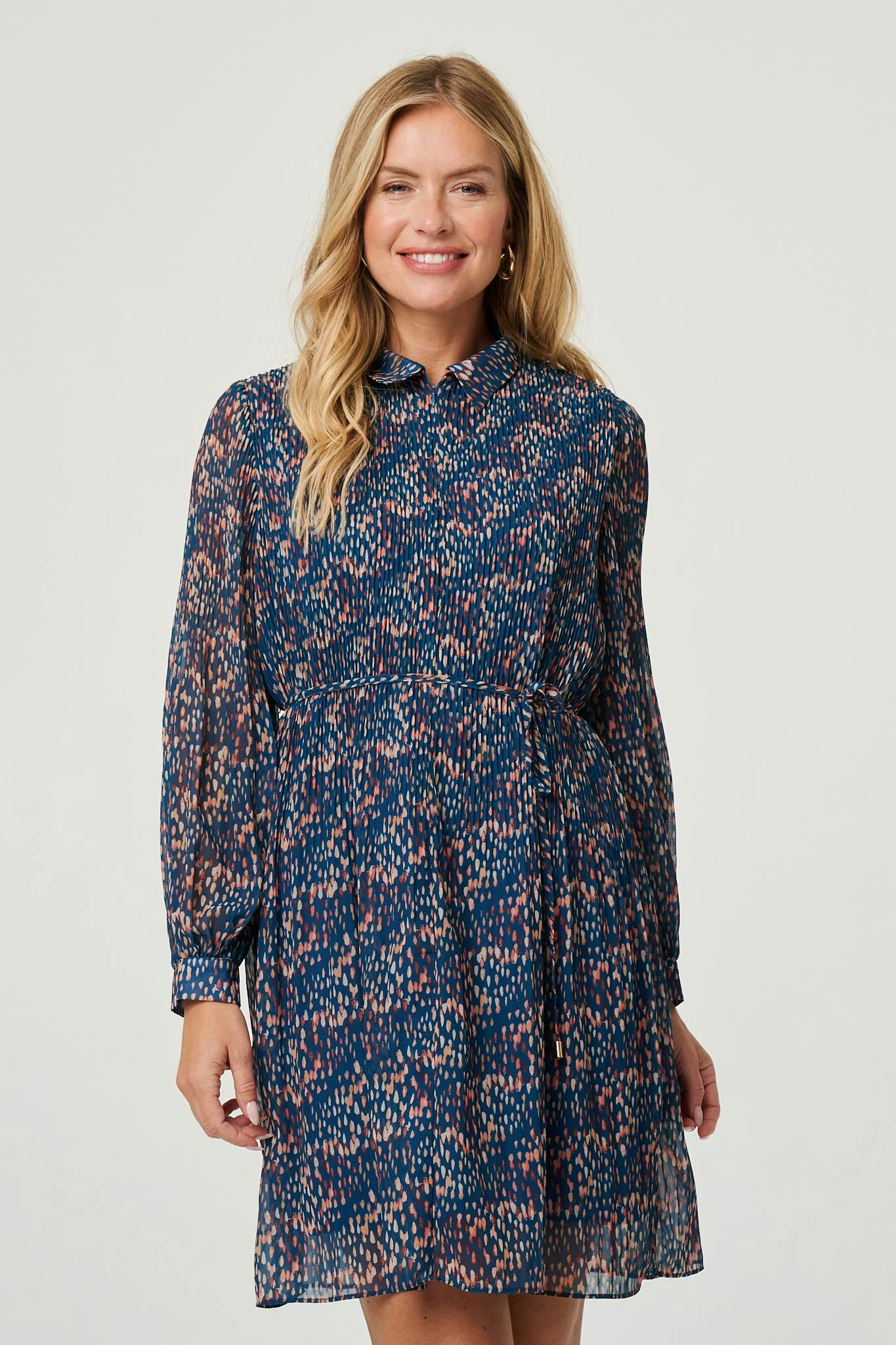 Izabel London Printed Collared Short Tie Waist Dress - 16 - Teal