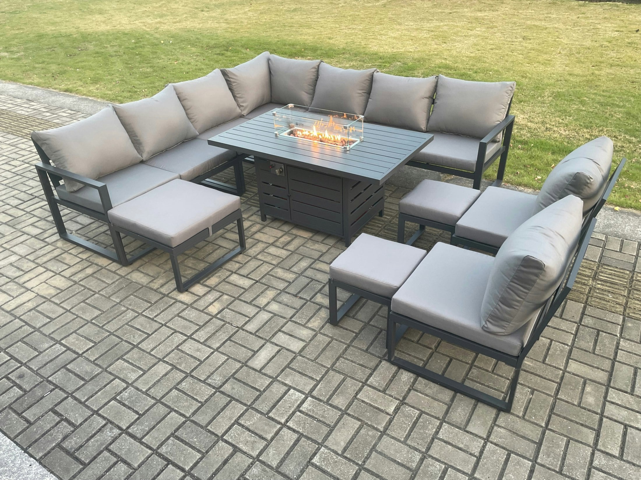 Rackhams Dark/Grey Aluminium 12 Seater Lounge Corner Sofa Outdoor Garden Furniture Sets Gas Fire Pit Dining Table Set With 3 Footstools