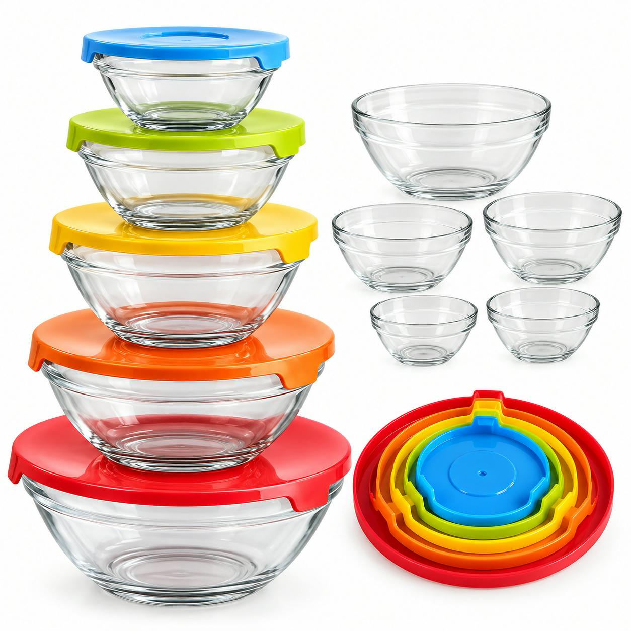 Atek 5 Piece Glass Food Storage Bowl Set With Colour Lids Stackable Containers