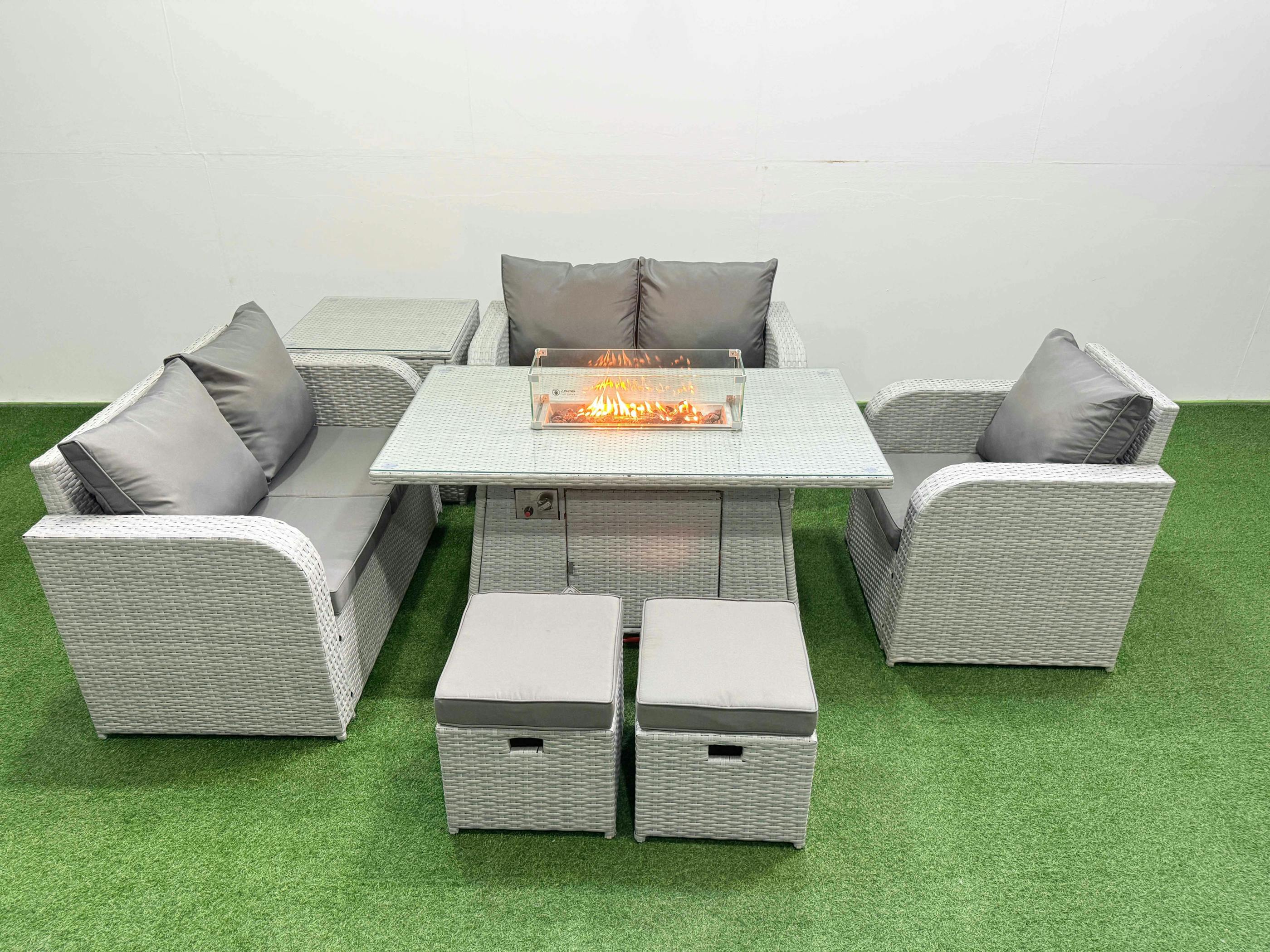 Fimous Light/Grey High Back Poly Rattan Garden Furniture Set, Reclining Chair, Loveseat, Firepit Table, Indoor Outdoor, 2 Stool, Side Table,