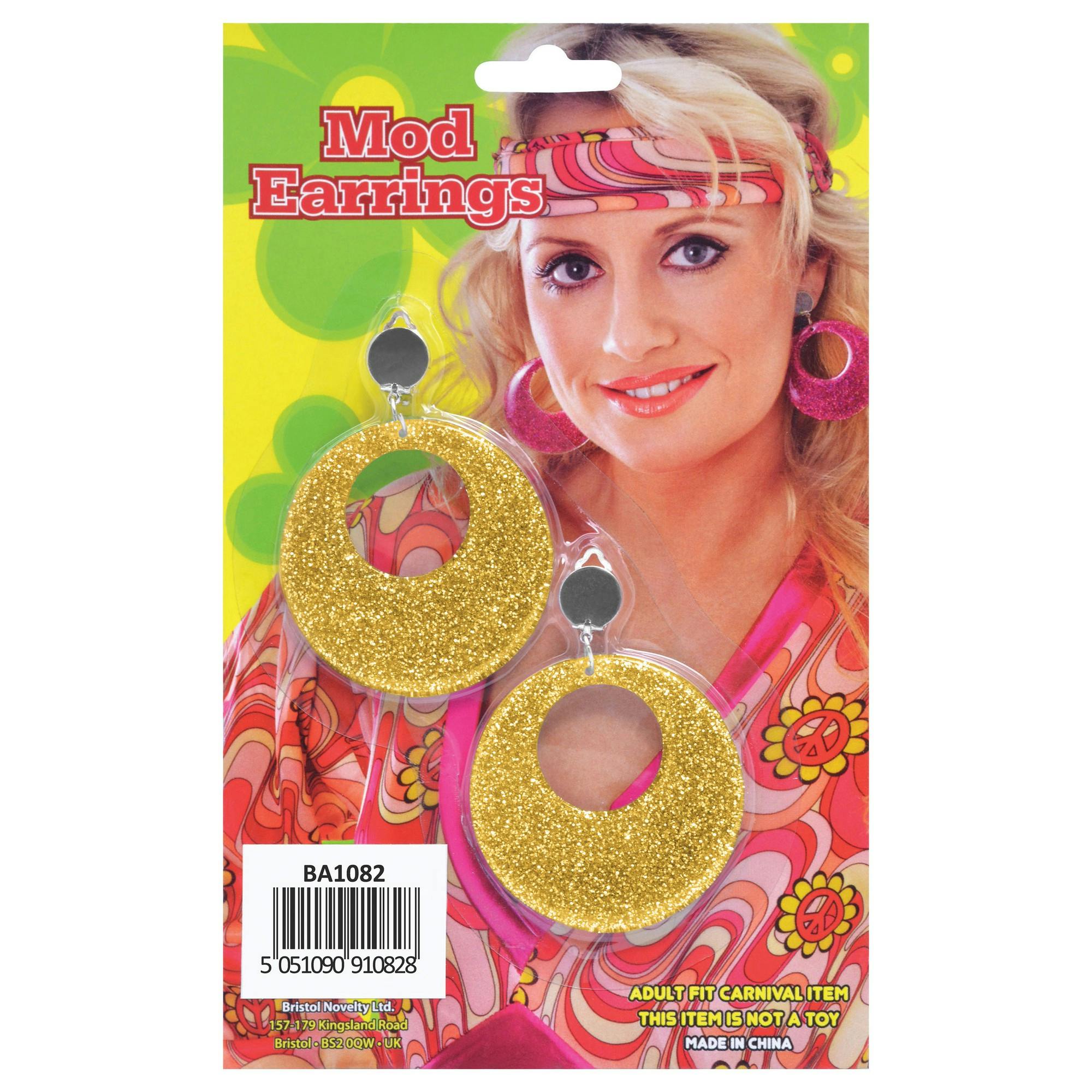 Bristol Novelty Unisex Gold Adults Mod Glitter Earrings - One Size