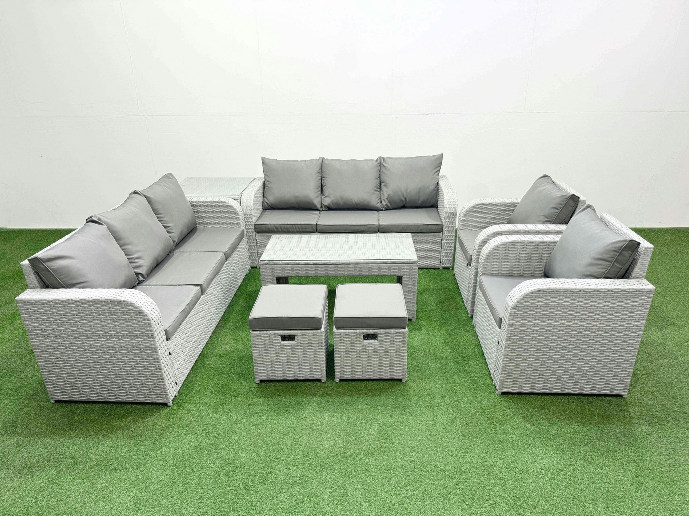 Fimous Light/Grey Pe Rattan High Back Lounge Sofa Set Patio Oblong Coffee Table & Chairs Set With 3 Seater Sofa Reclining Chair Stools Side Table