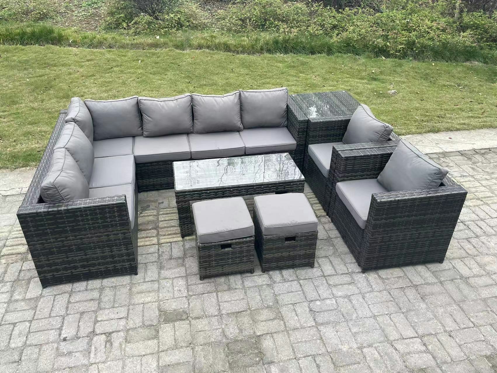 Rackhams Dark/Grey Seater Rattan Corner Sofa Lounge Sofa Set With Rectangular Coffee Table Side Table 2 Arm Chair And 2 Stools Mixed Size 10