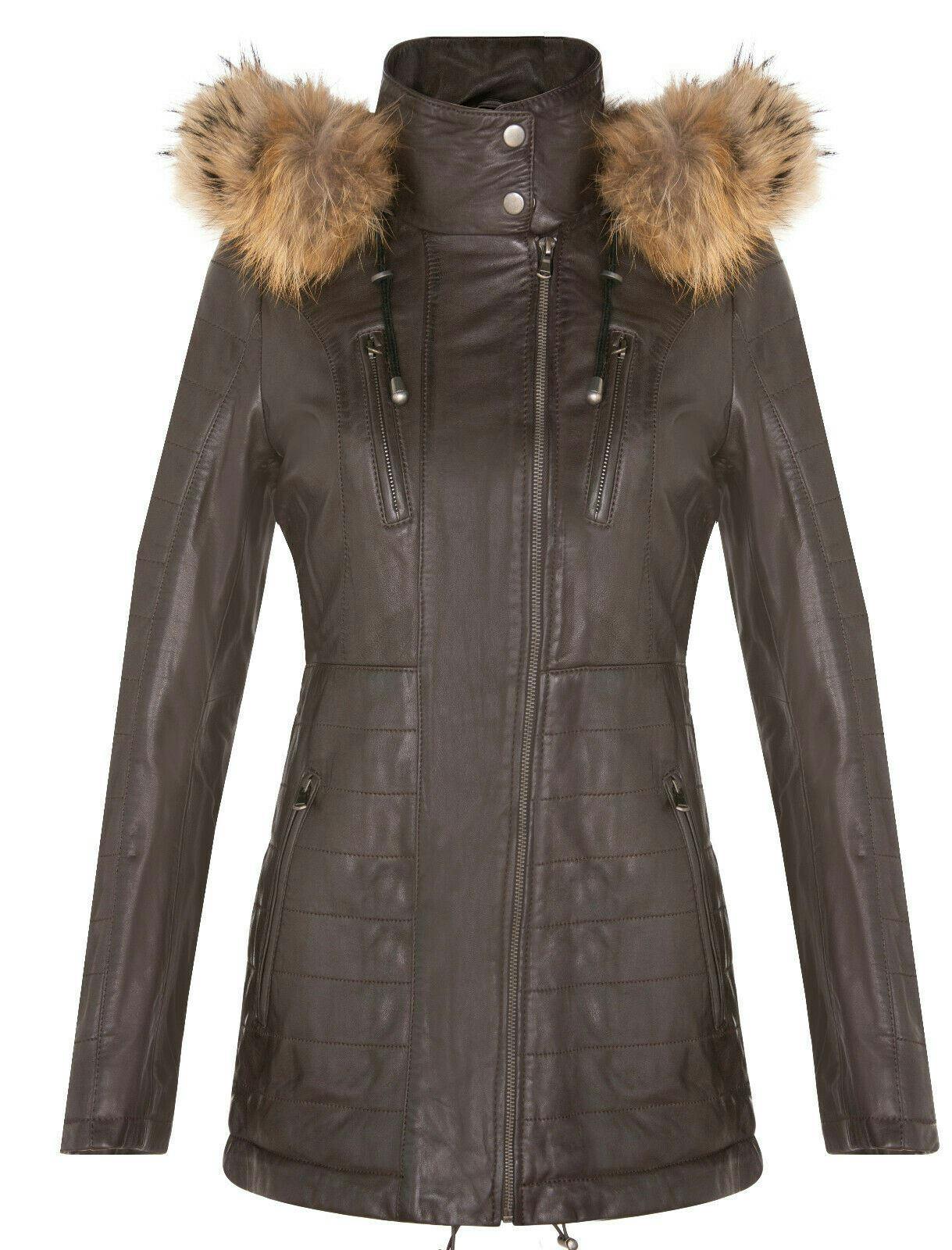 Infinity Leather Women's Brown Slim Fit Leather Hooded Parka Jacket-Northam - Uk M/12 | Eu 38 | Us 8