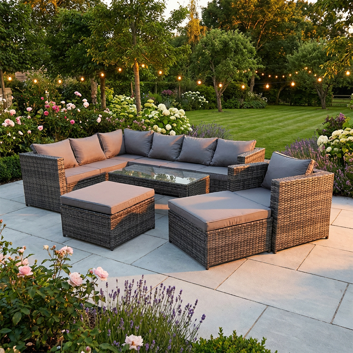 Fimous Dark/Grey 8 Seater Outdoor Rattan Garden Furniture Set With Corner Sofa, Arm Chair, Coffee Table, 2 Footstools - Mixed