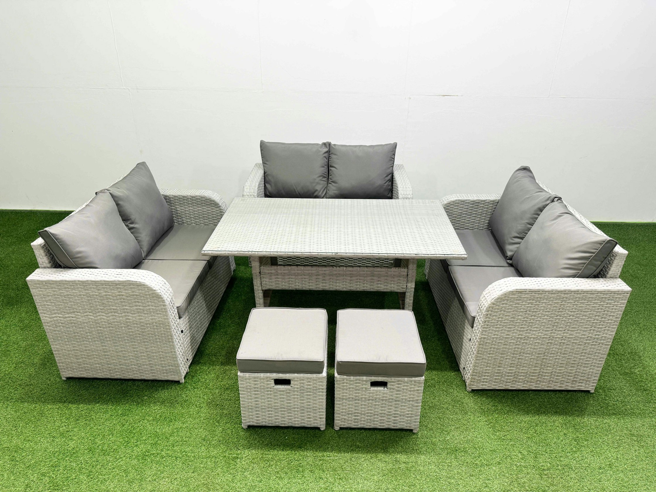 Rackhams Light/Grey Seater Pe Wicker Rattan Furniture Sofa Sets With Rectangular Dining Table 2 Seater Love Sofa 2 Stool Size 8