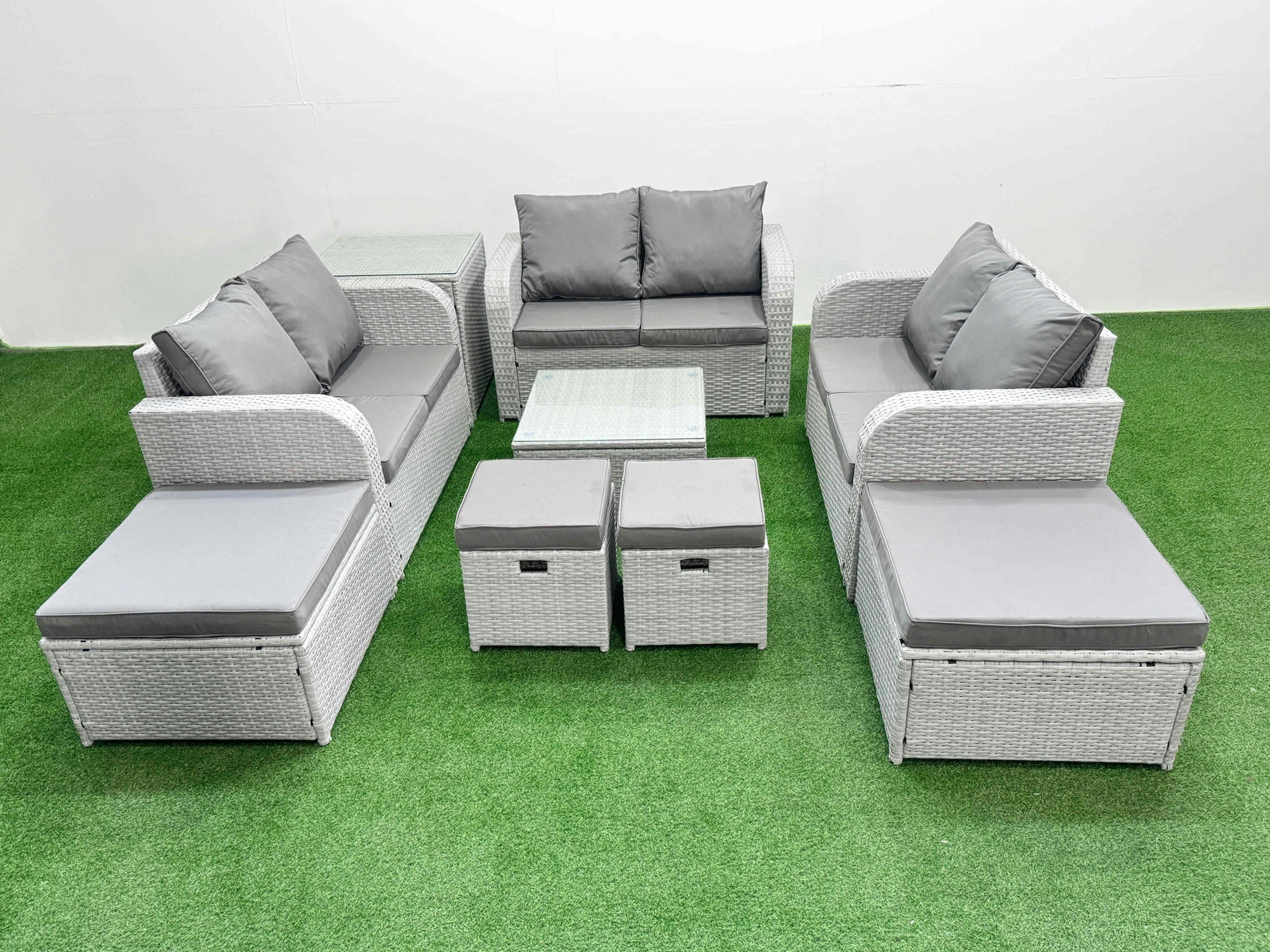 Fimous Light/Grey Outdoor Garden Furniture Set Pe Rattan Love Sofa Set With Coffee Table 4 Footstools Side Table