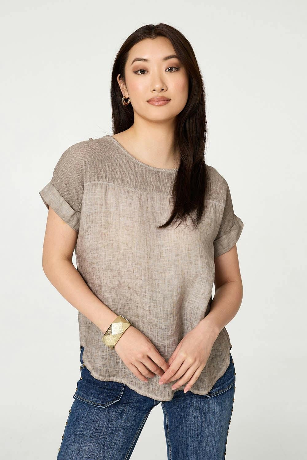 Izabel London Beige Contrast Texture Relaxed Curve Hem Top - 8