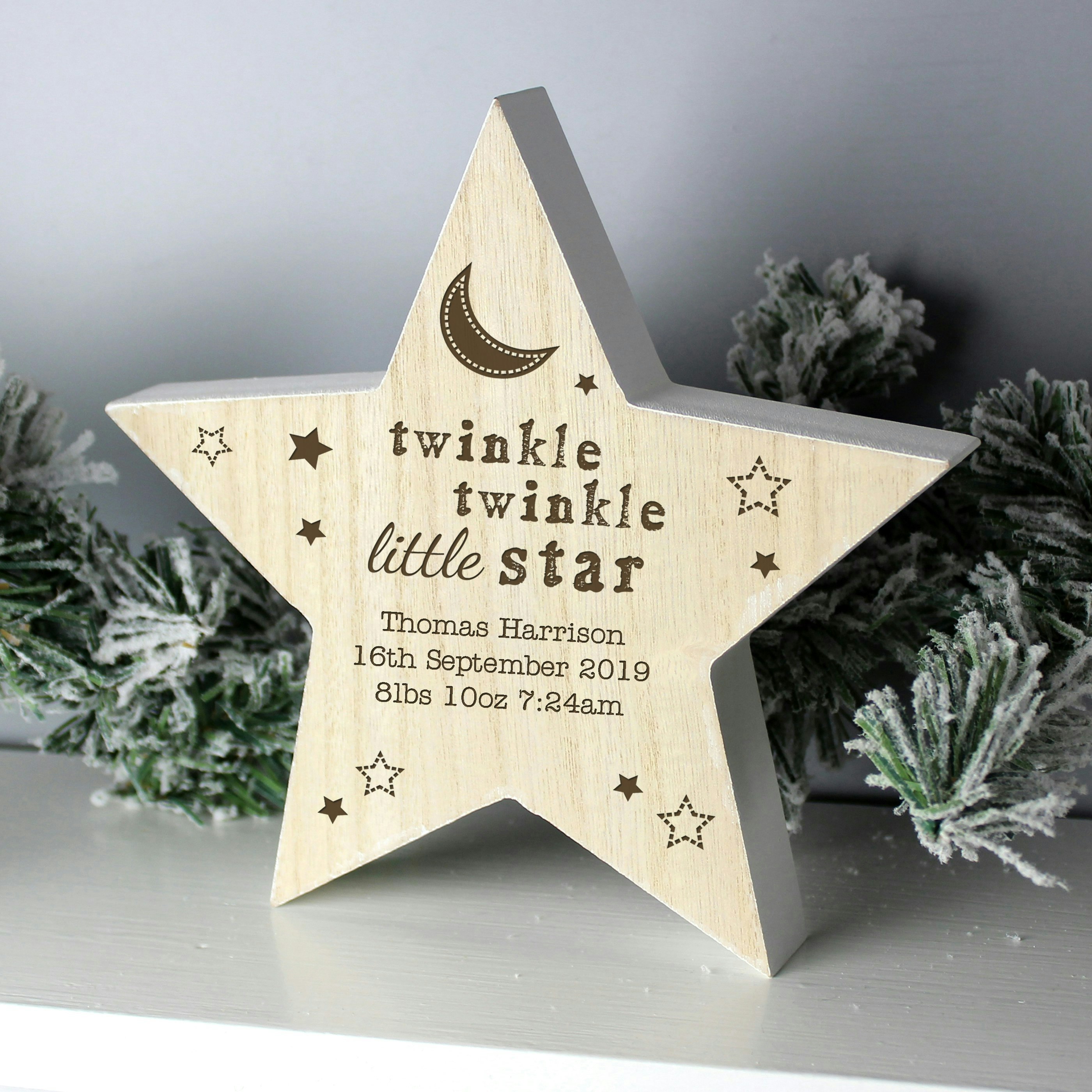 Personalised Memento Company Personalised Twinkle Twinkle Rustic Wooden Star Decoration