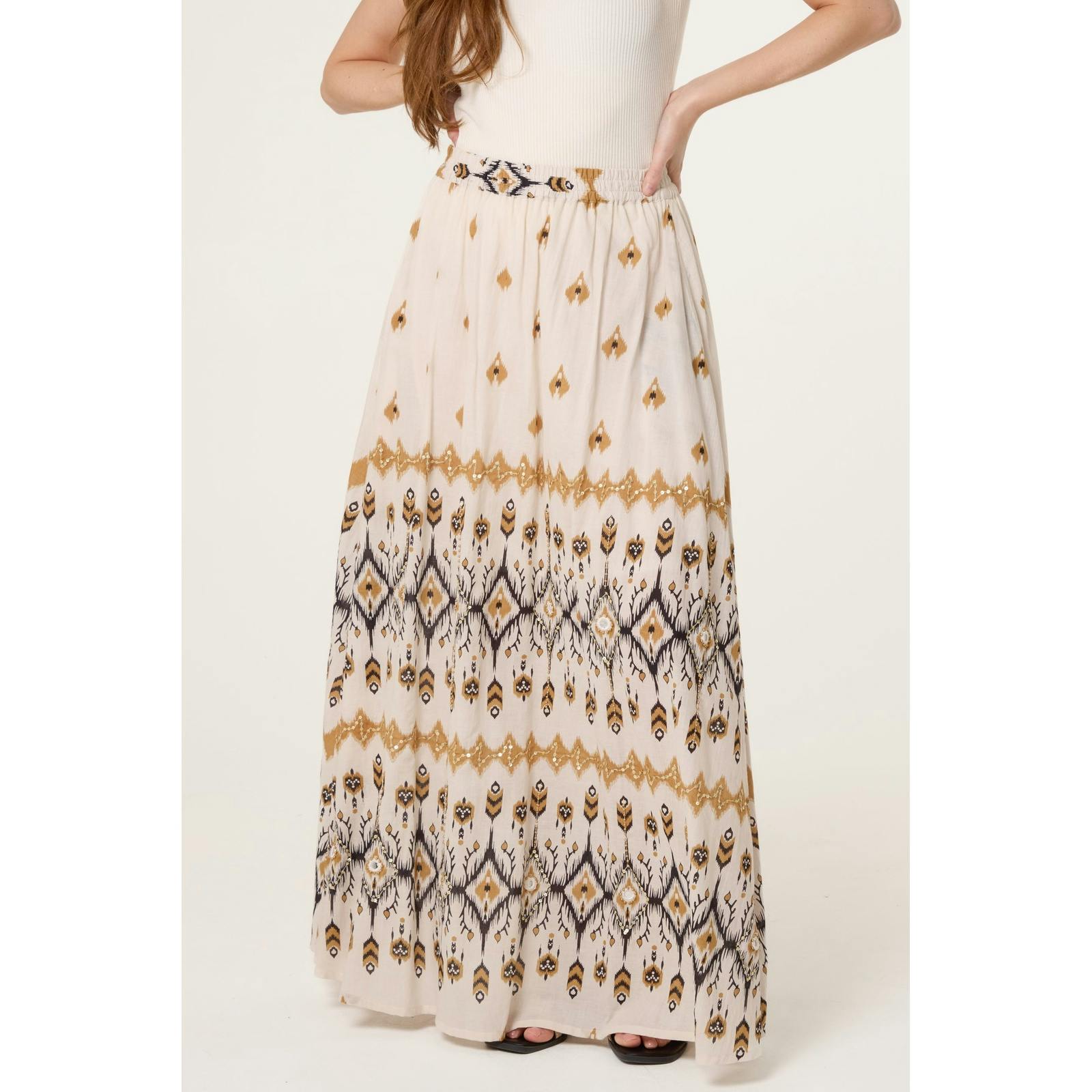 Blue Vanilla Embroidered Midi Skirt - Stone - M-L
