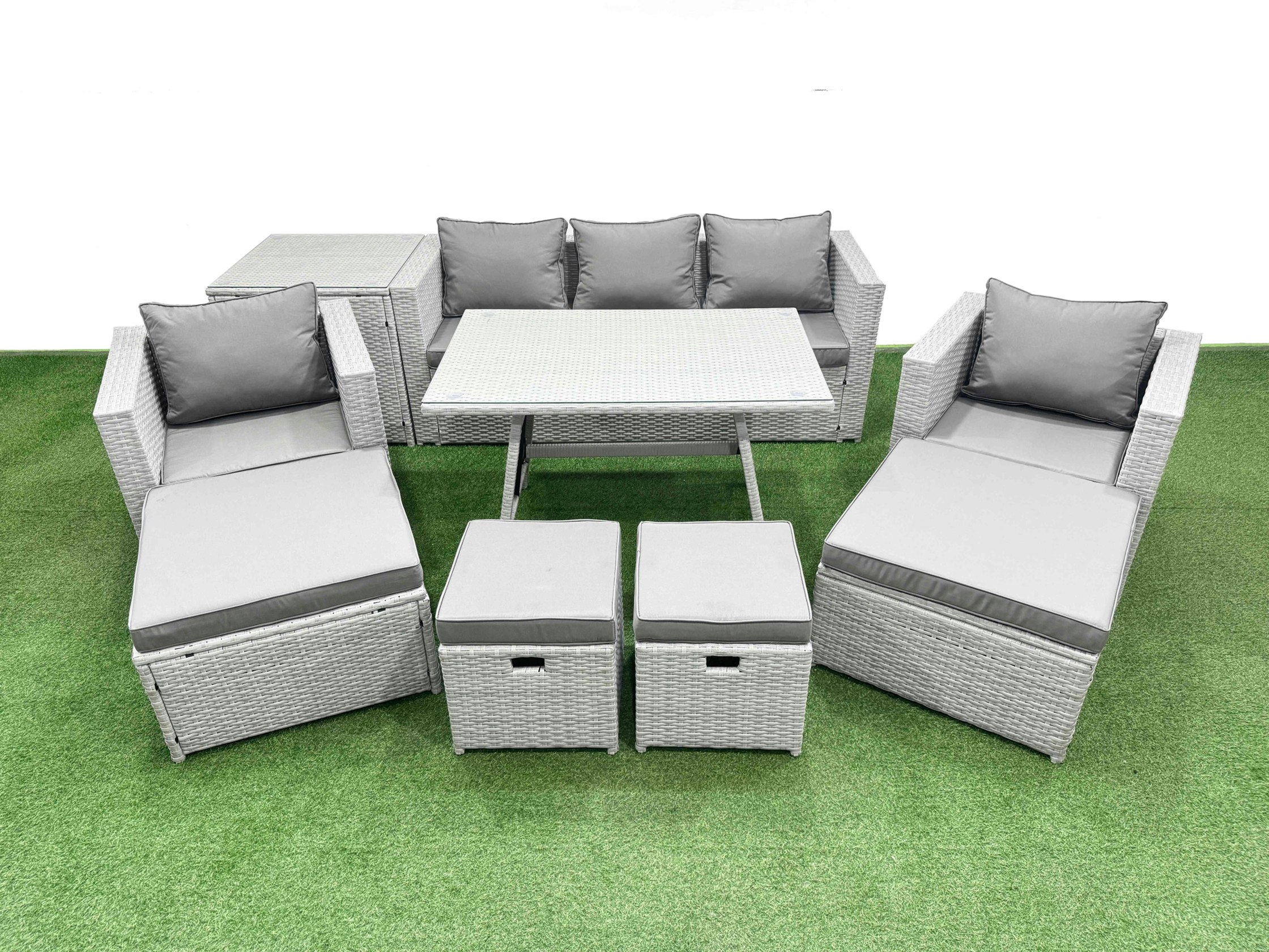 Rackhams Light/Grey 9 Pieces Outdoor Pe Rattan Sofa Armchair Set Patio Garden Furniture Sets With Cushions Side Table 4 Stools