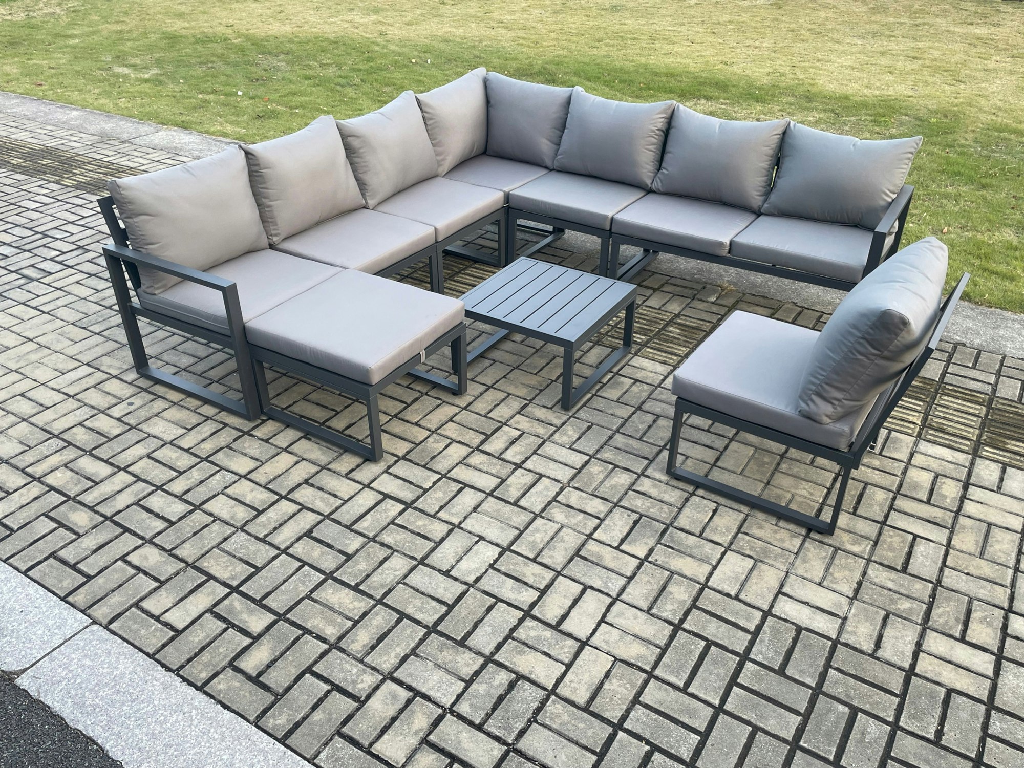 Fimous Dark/Grey 9 Seater Patio Outdoor Garden Furniture Aluminium Lounge Corner Sofa Set With Square Coffee Table Big Footstool