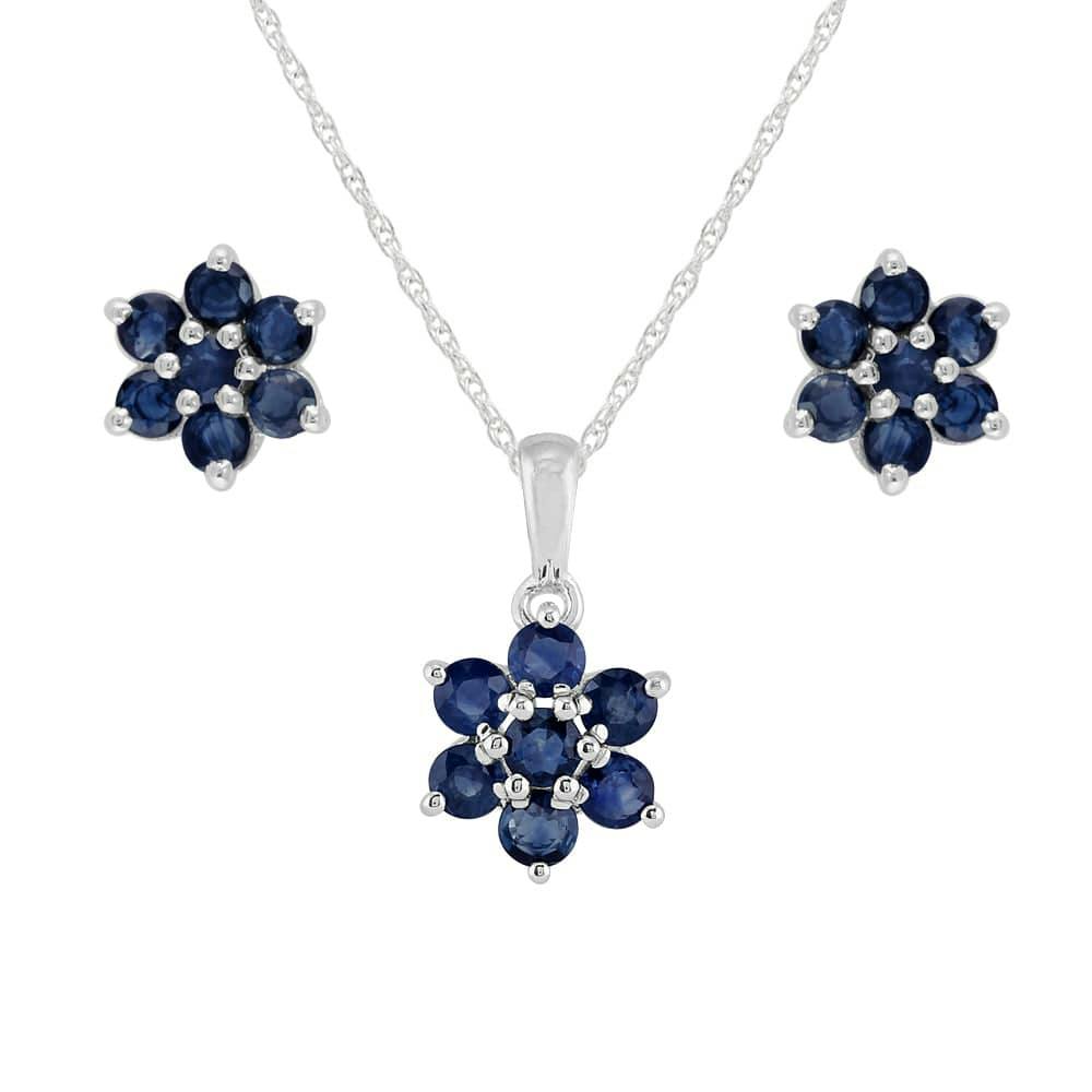 Gemondo Silver Floral Round Sapphire Flower Cluster Stud Earrings & Pendant Set In 925 Sterling