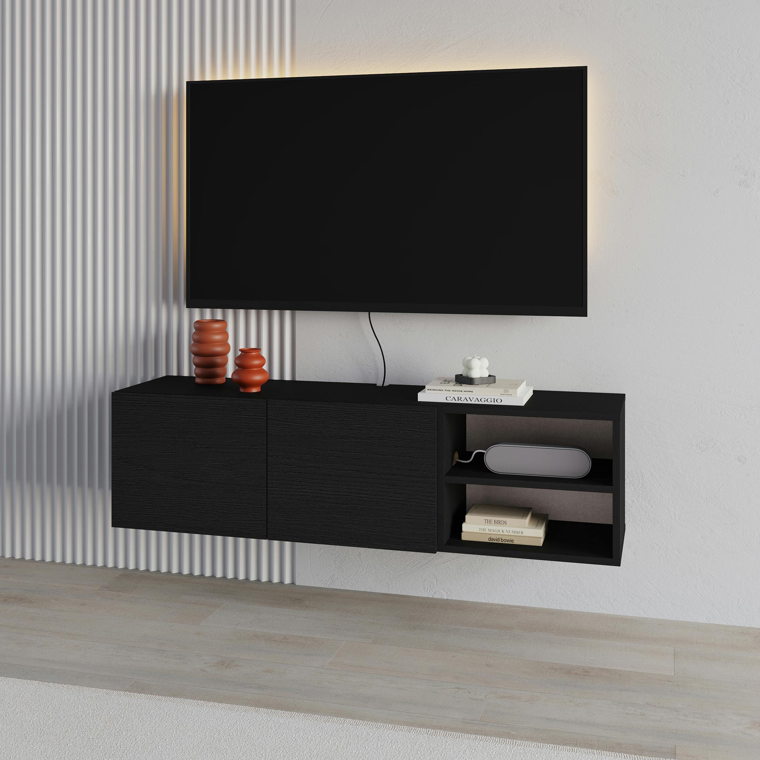 Rackhams Black Modern Conrad Tv Unit Up To 50 Inch Tvs 2 Soft Close Door Entertainment Centre 140Cm Living Room Easy Assembly