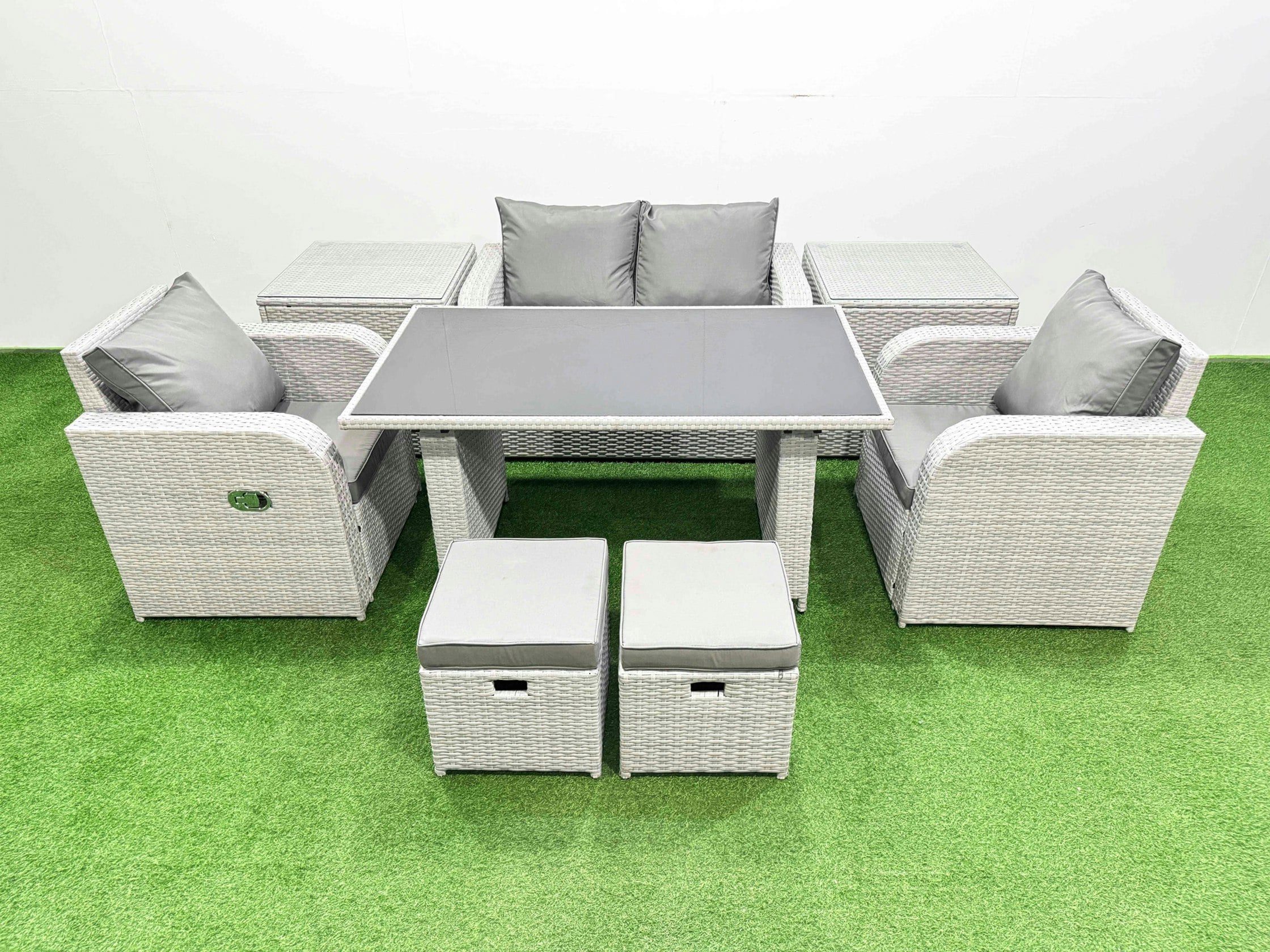 Rackhams Outdoor Rattan Garden Furniture Dining Set 6 Seater Patio Rectangular Table Love Sofa Reclining Chair Set With 2 Side Tables 2 Small Stools