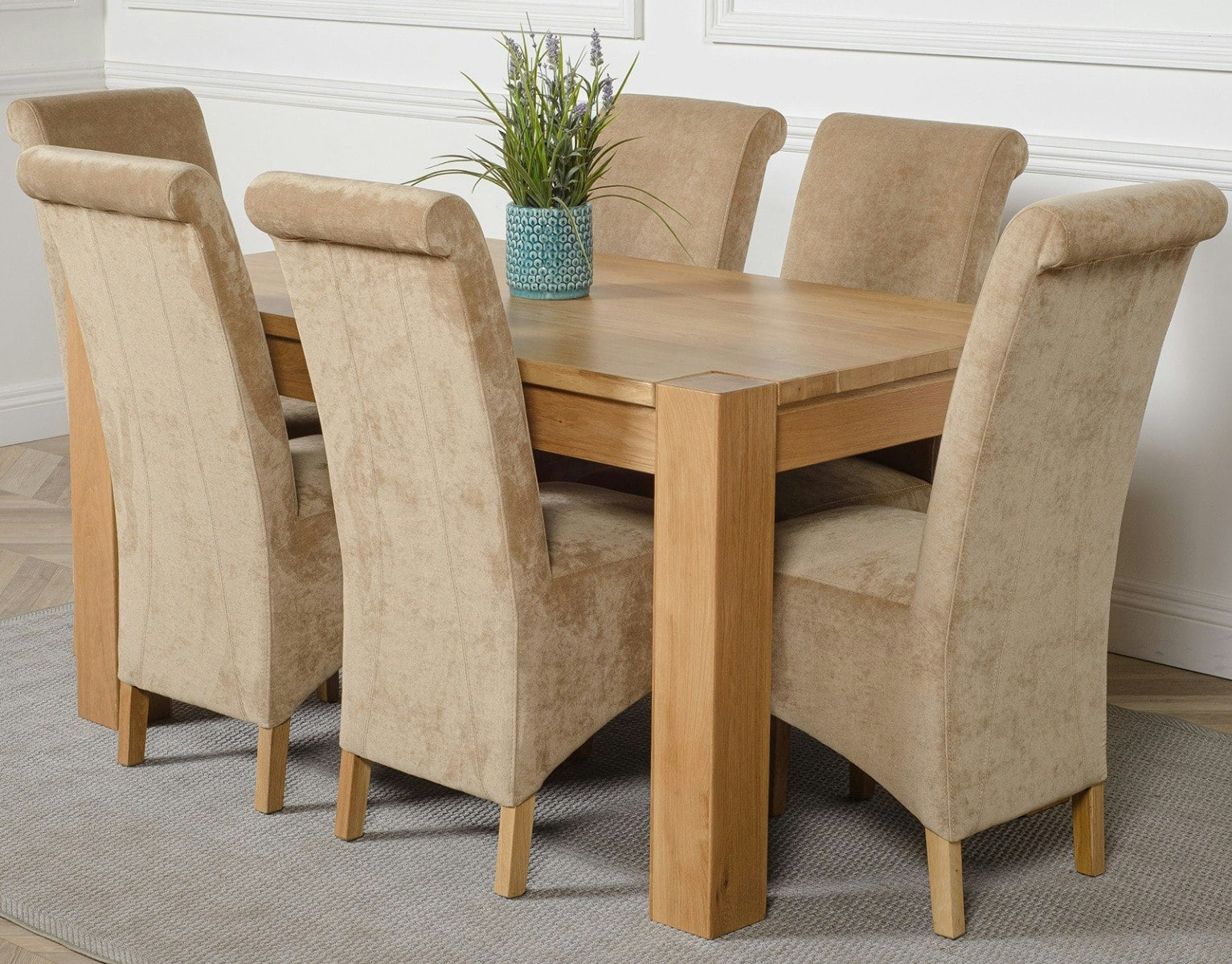 That's Furniture Beige Kuba Medium Oak Dining Table With Montana Fabric Chairs - 6 Chairs
