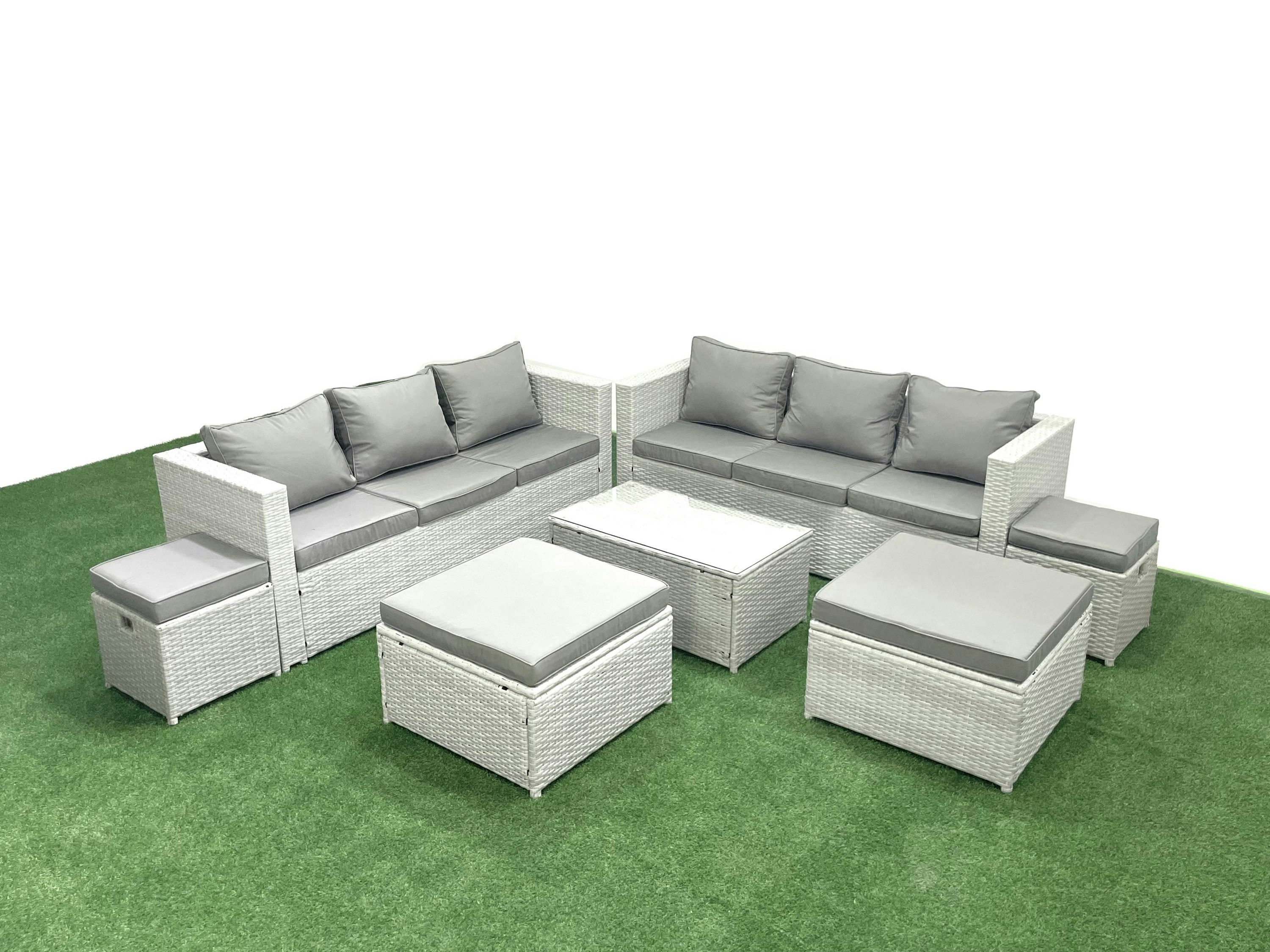 Fimous Light/Grey 7 Pieces Rattan Garden Furniture Set Outdoor Garden Sofa Coffee Table Set With 4 Footstools Mixed