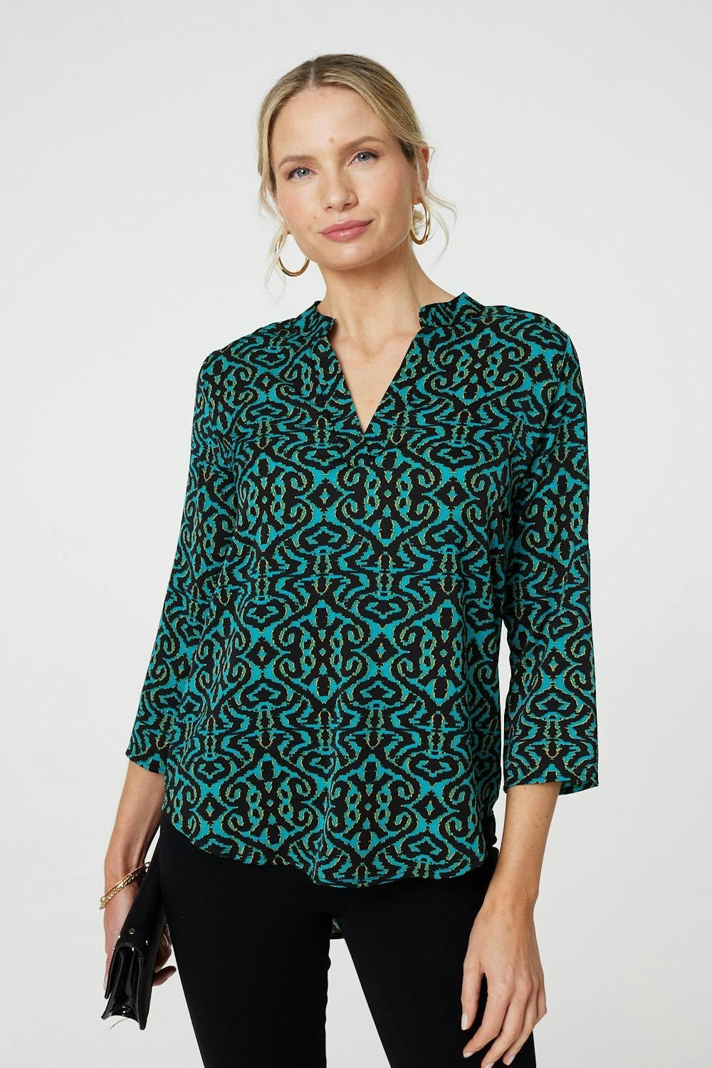 Izabel London Green Aztec Print 3/4 Sleeve Curve Hem Blouse - 8