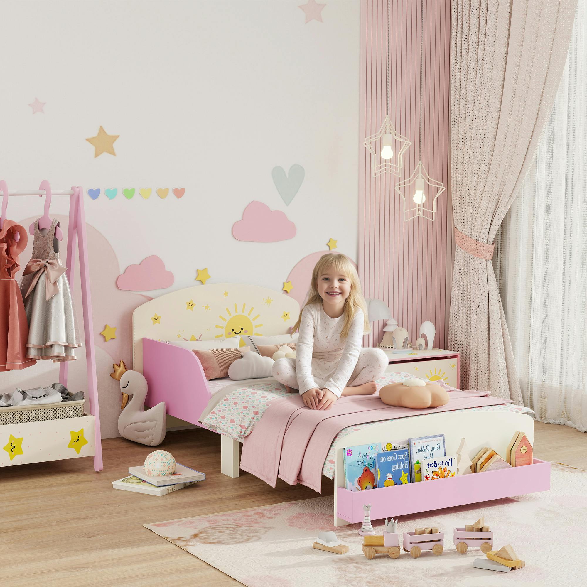 Rackhams Pink Toddler Bed, Lion-Themed Kids Bed Frame With Storage - 60H X 150L X 77W Cm
