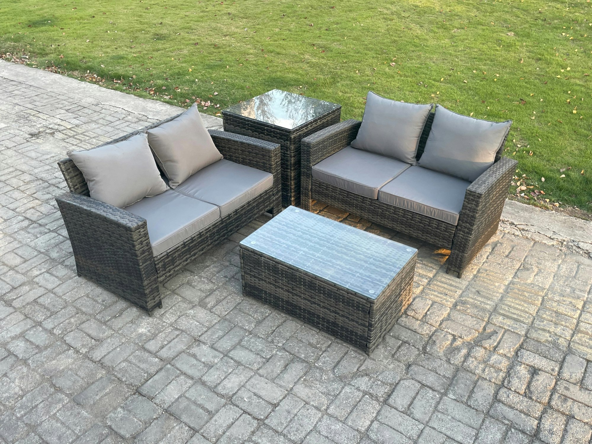 Rackhams Dark/Grey Wicker Rattan Garden Furniture Sofa Set With Rectangular Coffee Table Double Seat Sofa Side Table Outdoor Rattan Set Mixed