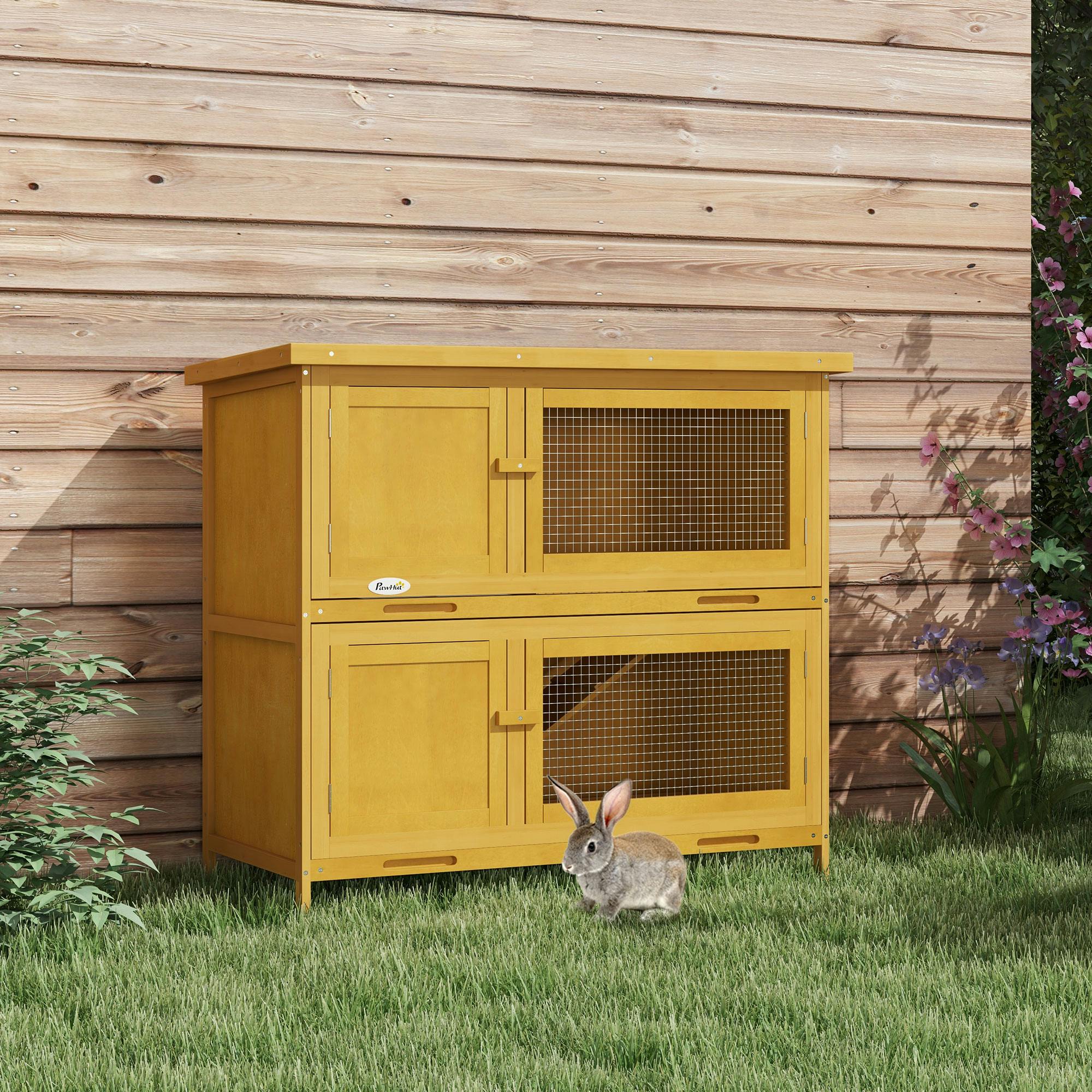 Pawhut Yellow Double Decker Rabbit Hutch Bunny Cage Pet House Outdoor W/ Tray,