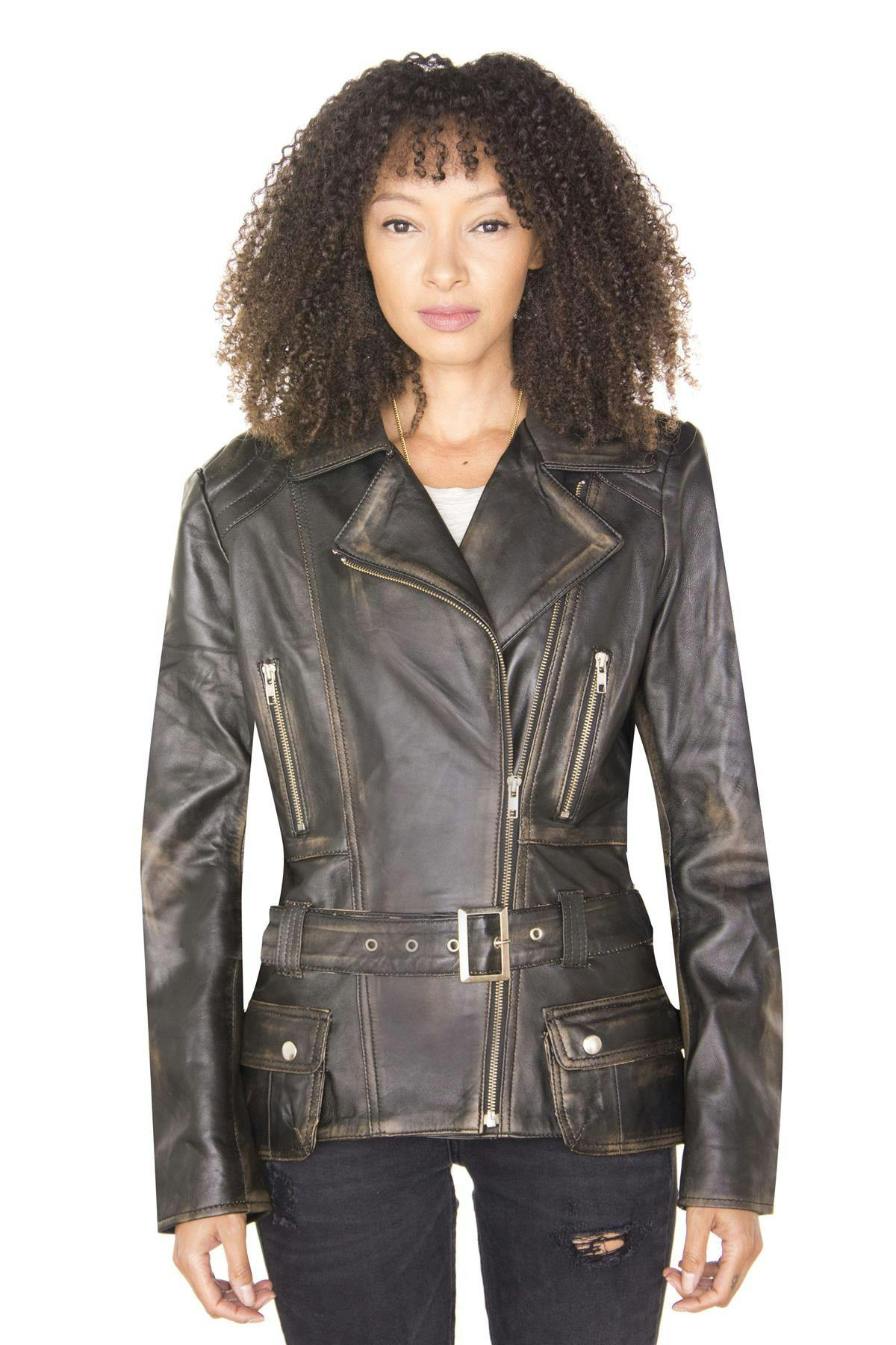 Infinity Leather Women's Black Long Leather Biker Jacket-Quito - Vintage - Uk L/14 | Eu 40 | Us 10