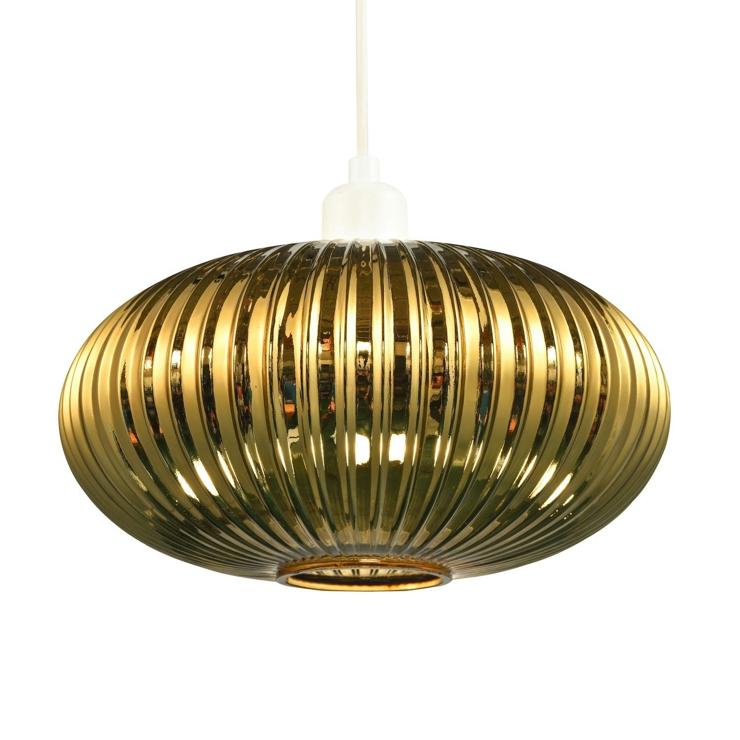 Happy Homewares Gold Modern Designer Shiny Plated Line Ribbed Glass Oval Pendant Lamp Shade