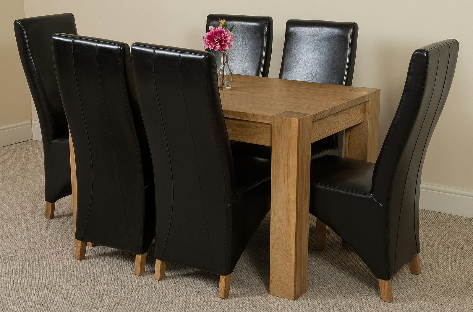 Rackhams Black Kuba Oak Dining Table With Lola Leather Chairs - 6 Chairs 125X80x77cm