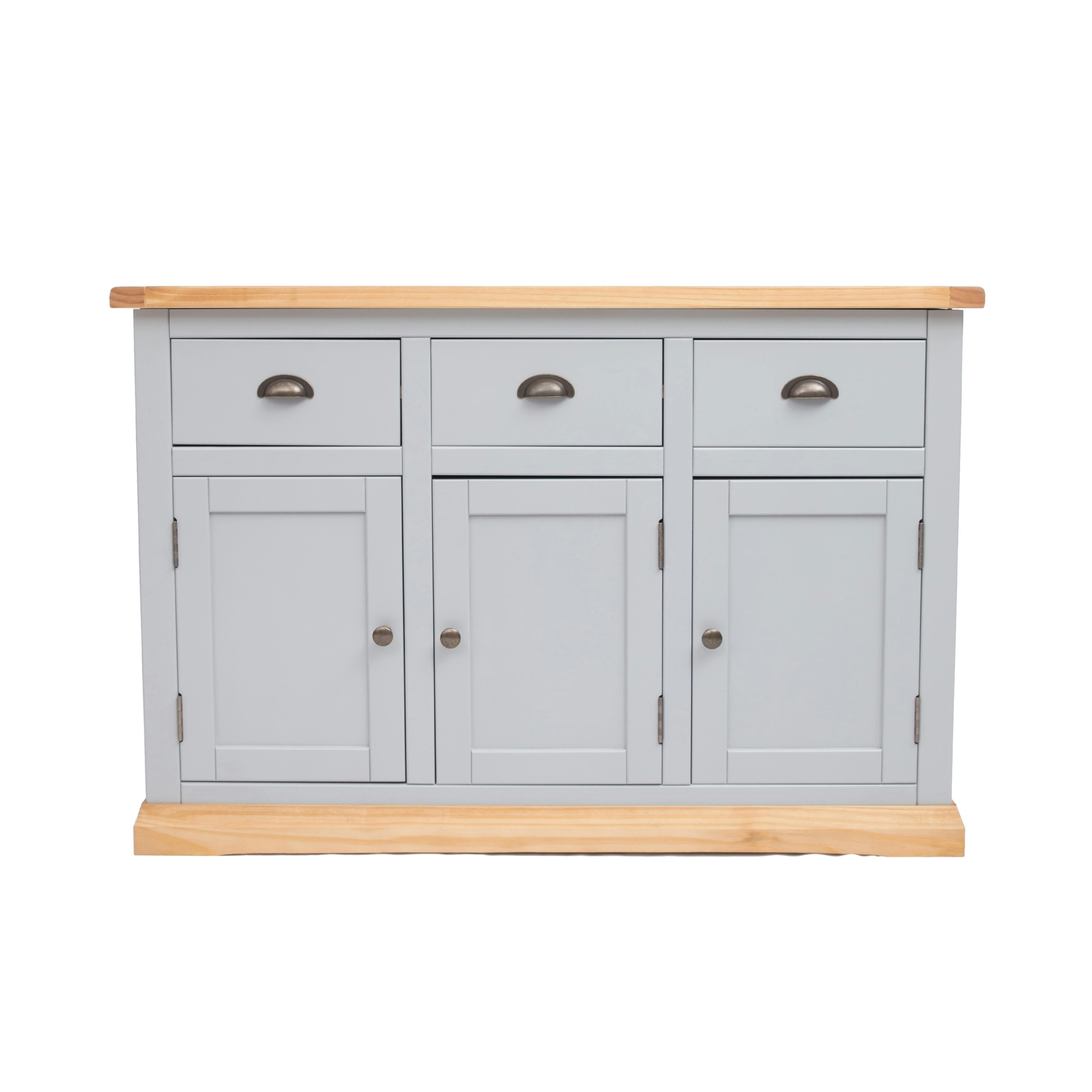 Rackhams Light/Grey Bomporto 3 Drawer 3 Door Sideboard Brass Cup Handle
