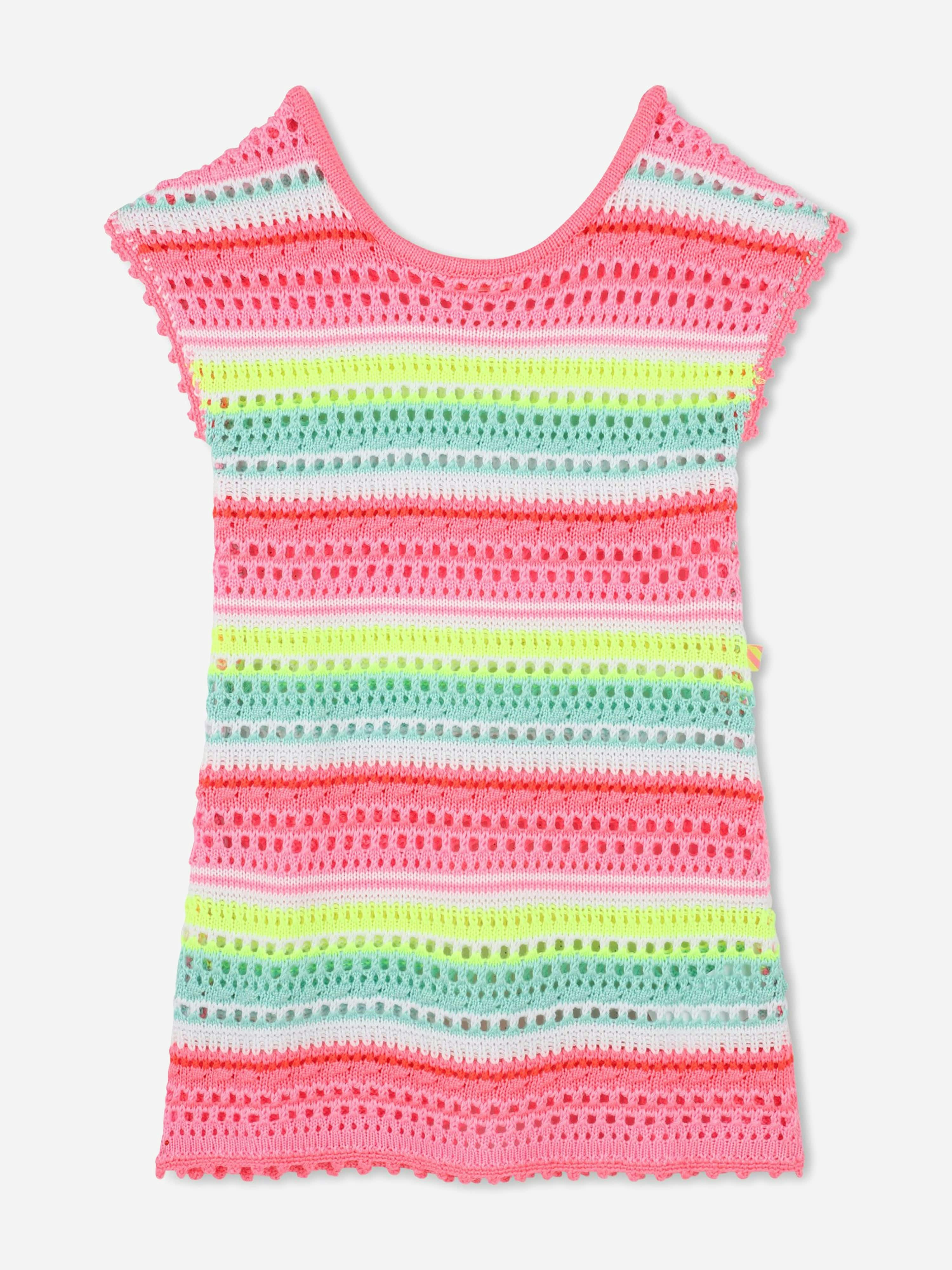 Billieblush Girls White Striped Crochet Dress In Multicolour - 2 Yrs