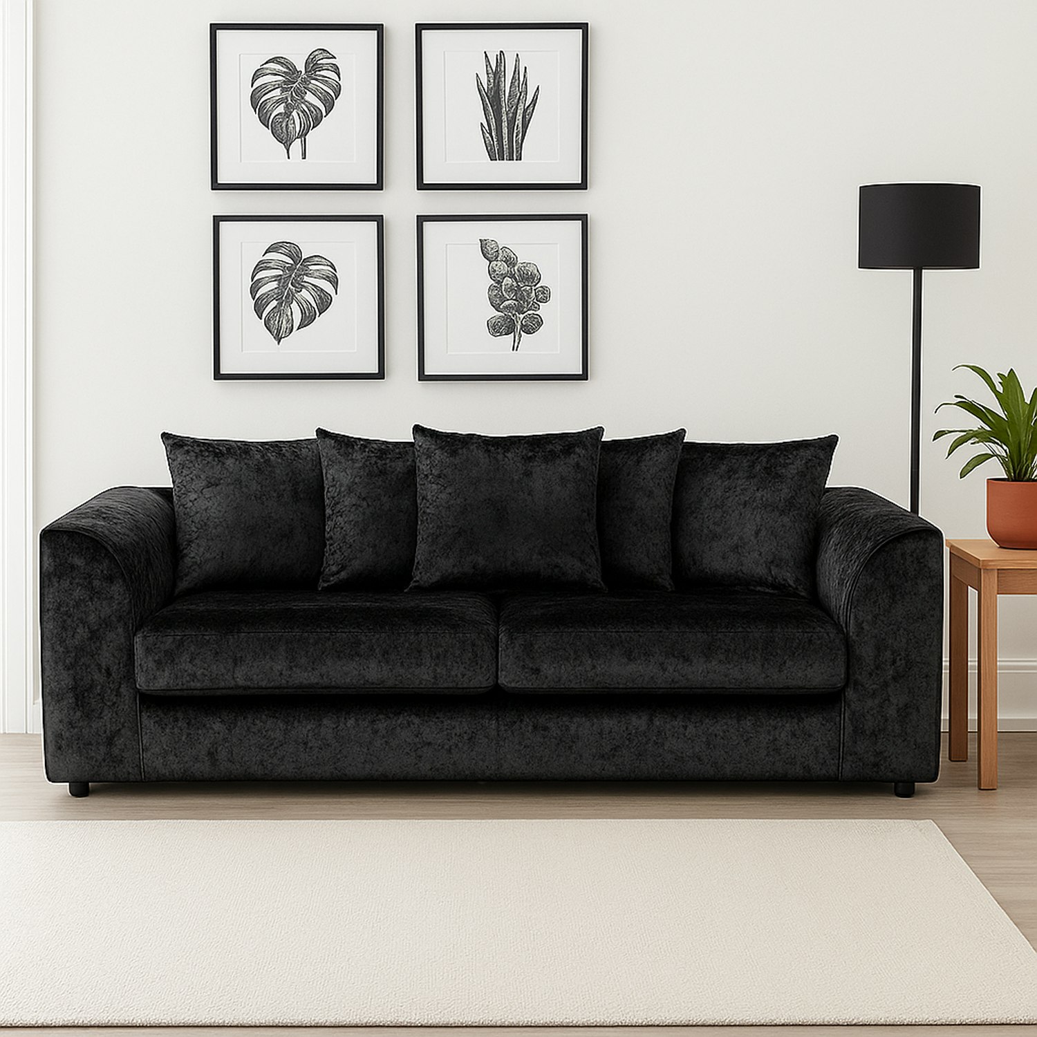 Furnishings For Less Black Crystal Crushed Velvet 3 Seater Sofa Scatter Back