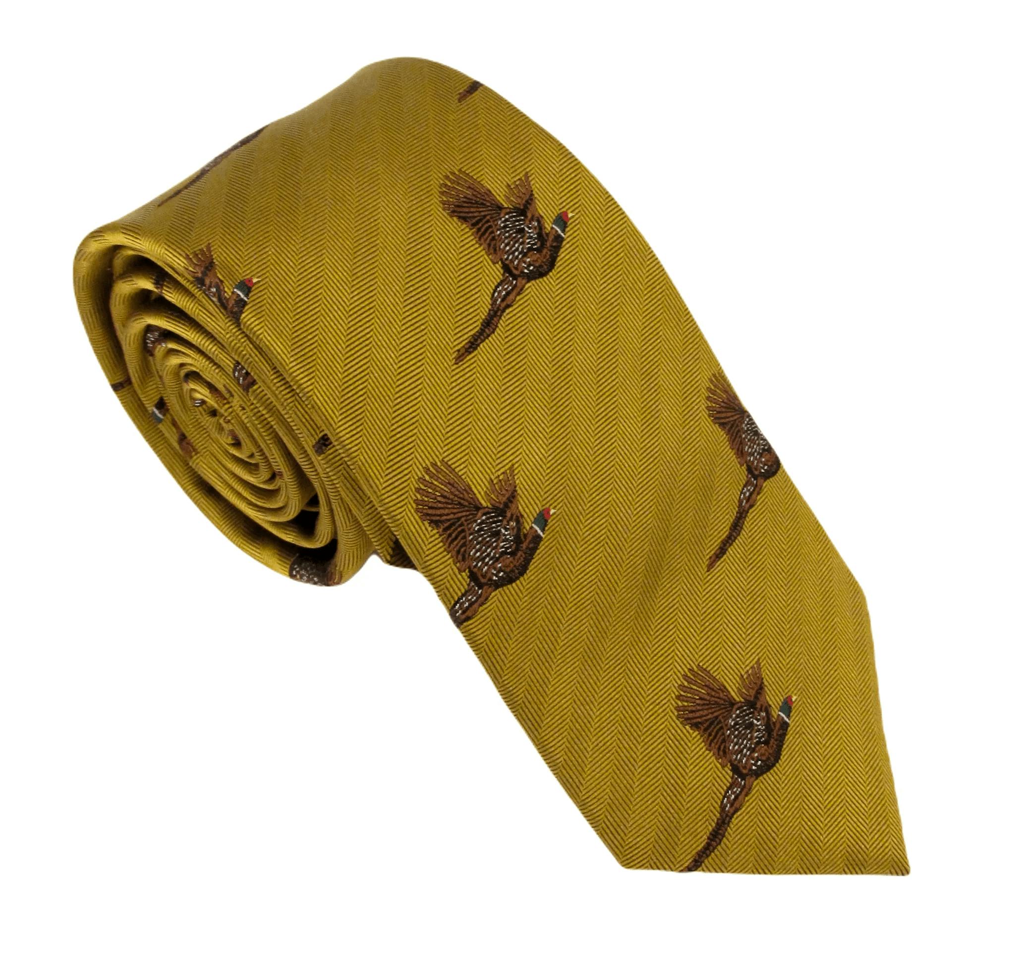 Claudio Lugli Gold Flying Pheasant Country Silk Neck-Tie By Van Buck