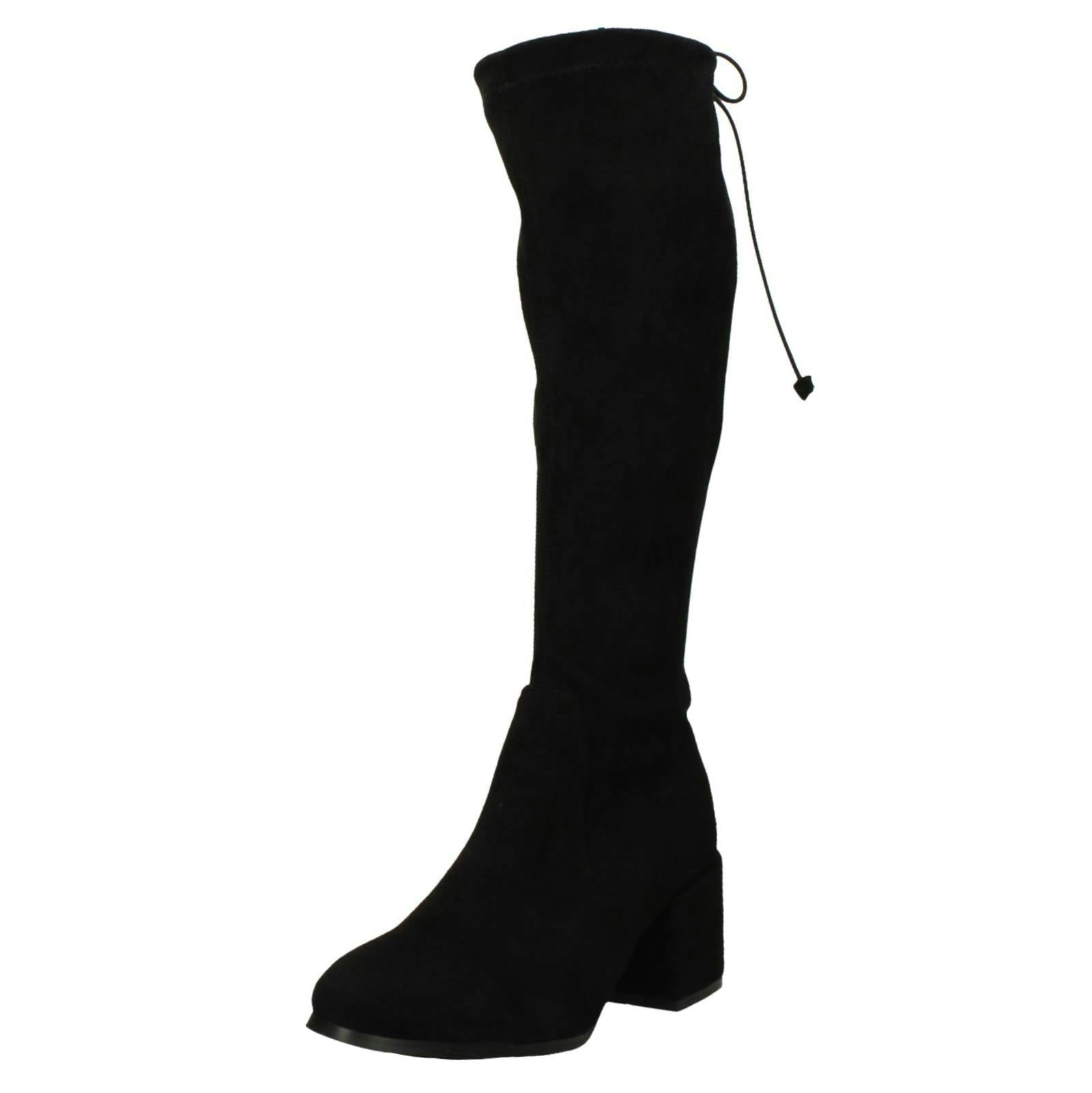 Spot On Women's Black Mid Block Heel High Leg Boot With Back Tie And Inside Zip F51246 - Uk 3