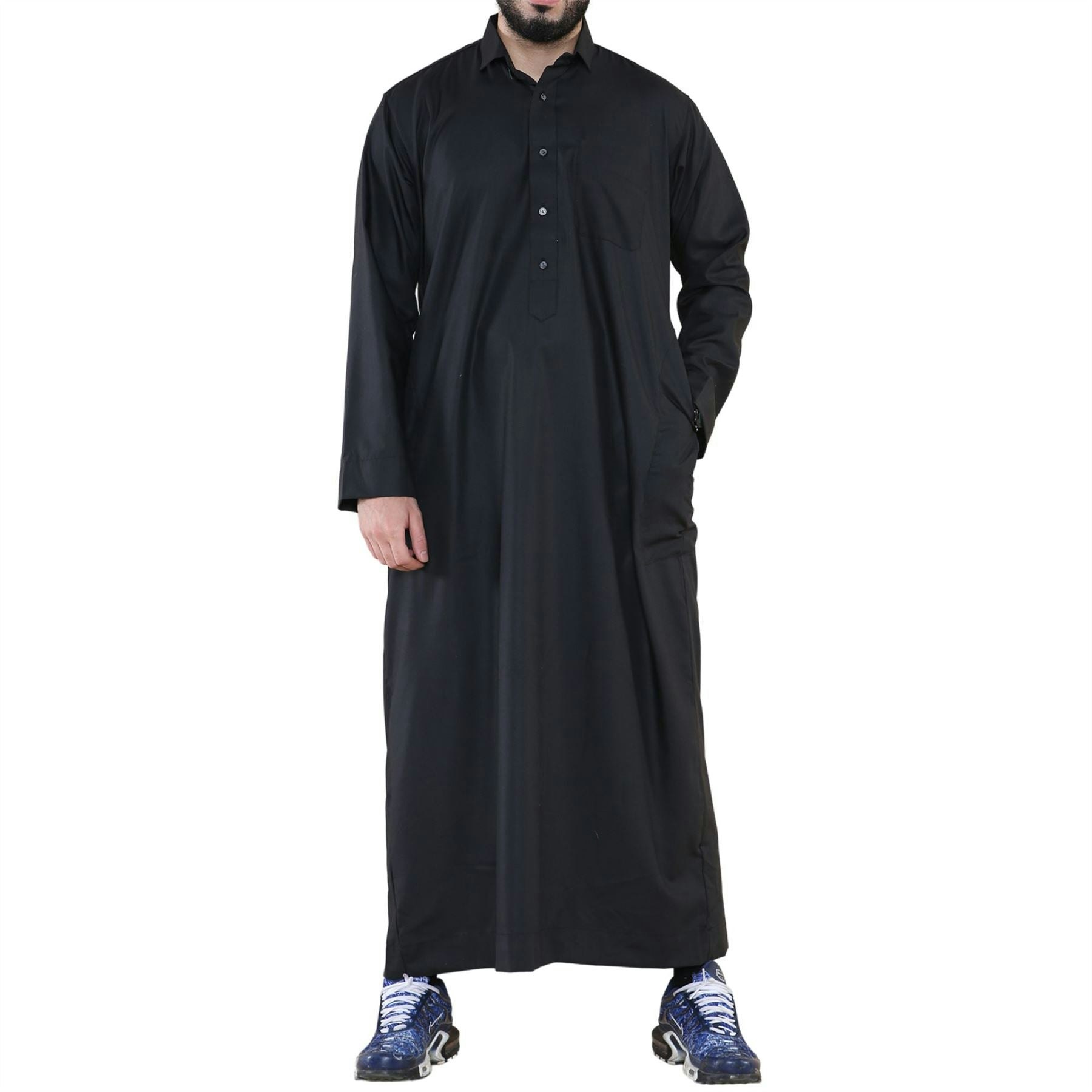 Thobez Men's Black Thobe Jubba Turn Down Collar Islamic Muslim Cotton Kaftan Dress Robe Arabic - Small